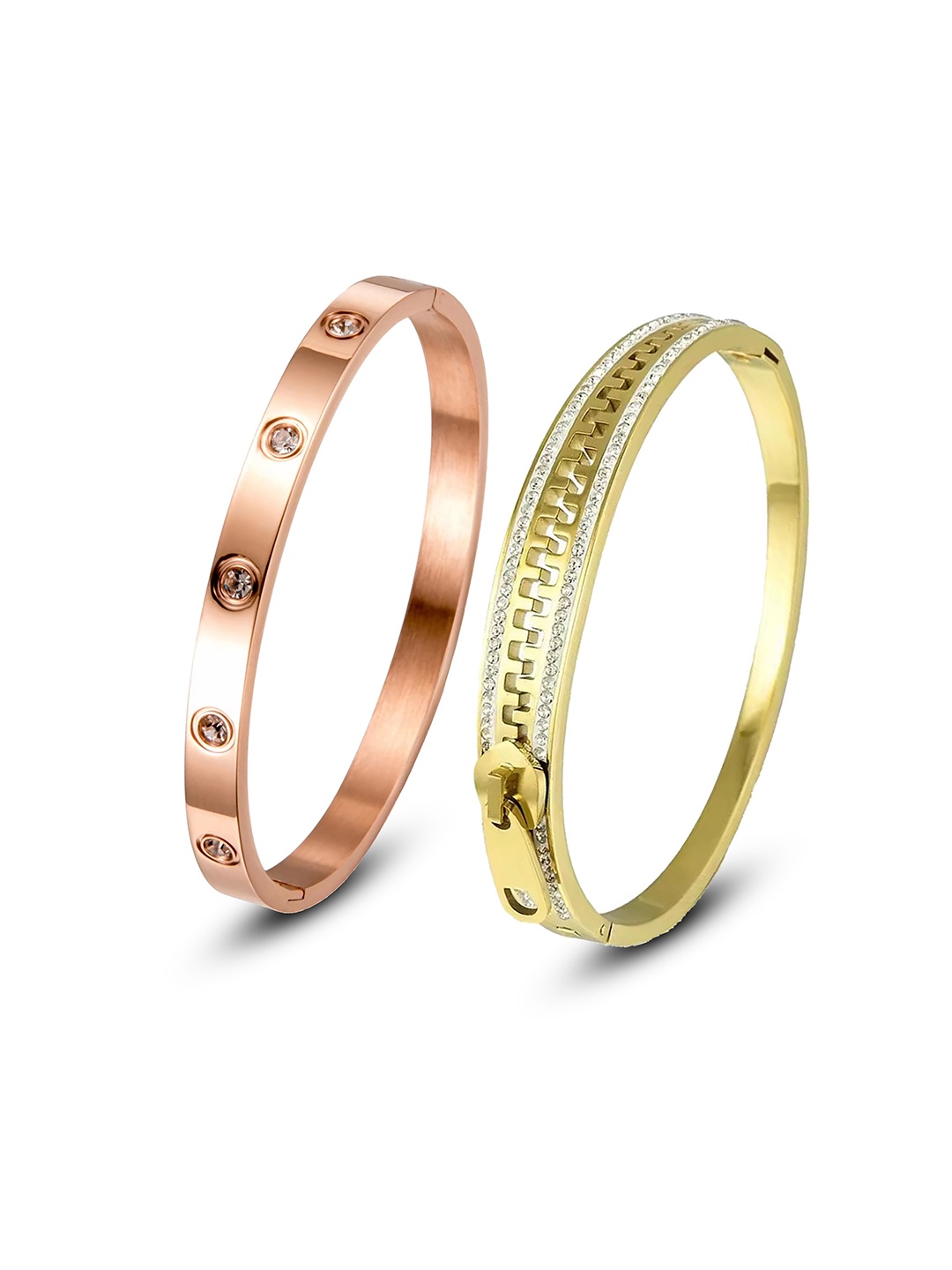 DIVASTRI Set Of 2 Stainless Steel Gold-Plated American Diamond Studded Kada Bracelets
DIVASTRI Set Of 2 Stainless Steel Gold-Plated American Diamond Studded Kada Bracelets