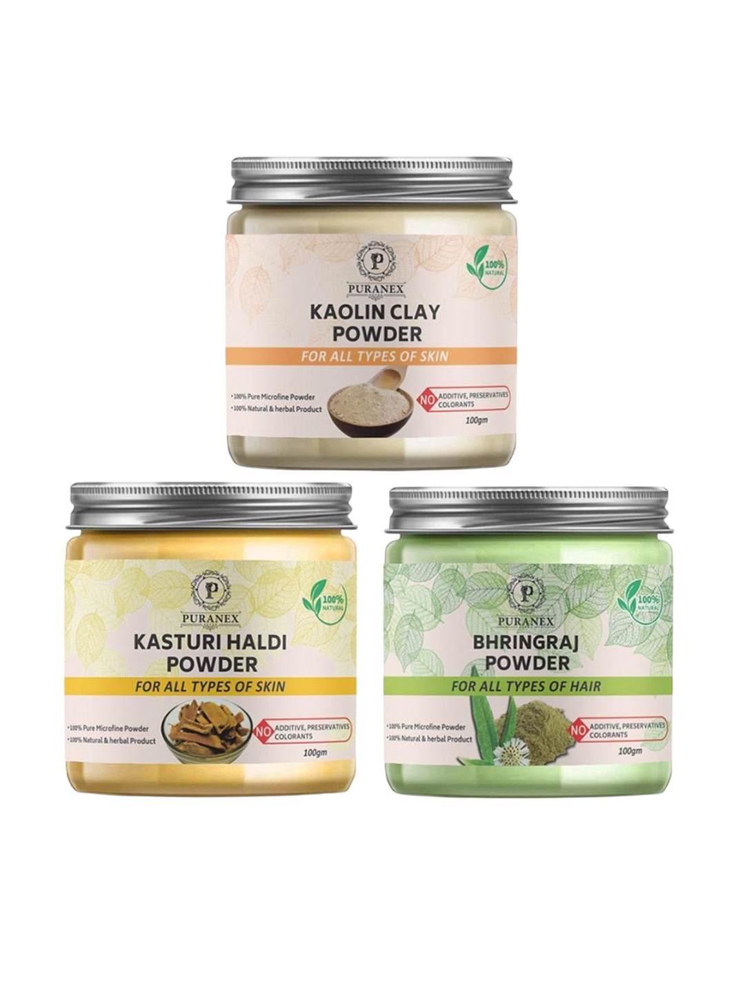 Puranex Set Of 3 Kasturi Haldi, Bhringraj & Kaolin Clay Skin & Hair Powder-100 g Each, White
Puranex Set Of 3 Kasturi Haldi, Bhringraj & Kaolin Clay Skin & Hair Powder-100 g Each, White