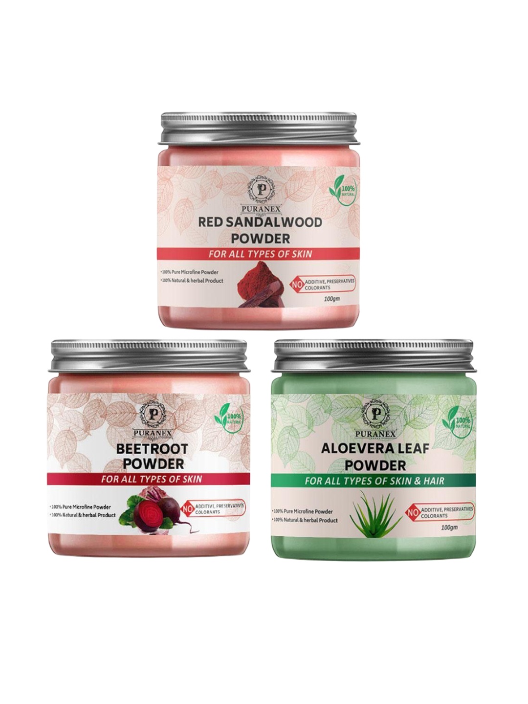 Puranex Set Of 3 Red Sandalwood - Beetroot & Aloevera Leaf Powder - 100 g Each, Pink
Puranex Set Of 3 Red Sandalwood - Beetroot & Aloevera Leaf Powder - 100 g Each, Pink