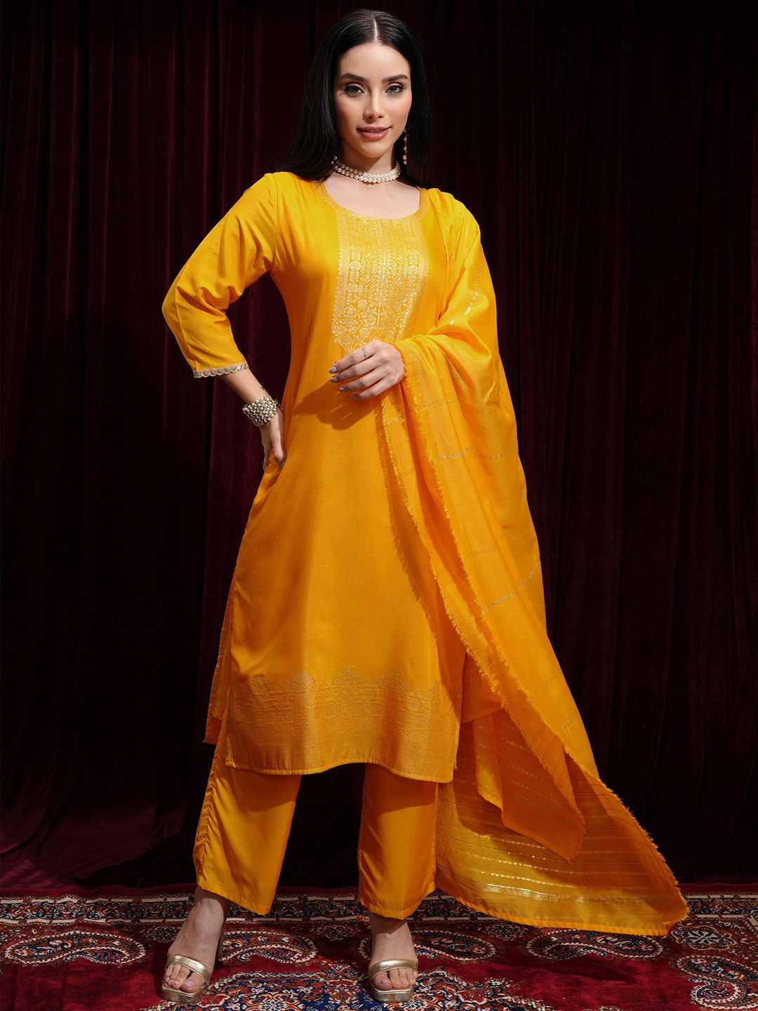 Vishudh Floral Woven Design Zari Jacquard Weave Straight Kurta with Trousers & Dupatta, Mustard
Vishudh Floral Woven Design Zari Jacquard Weave Straight Kurta with Trousers & Dupatta, Mustard