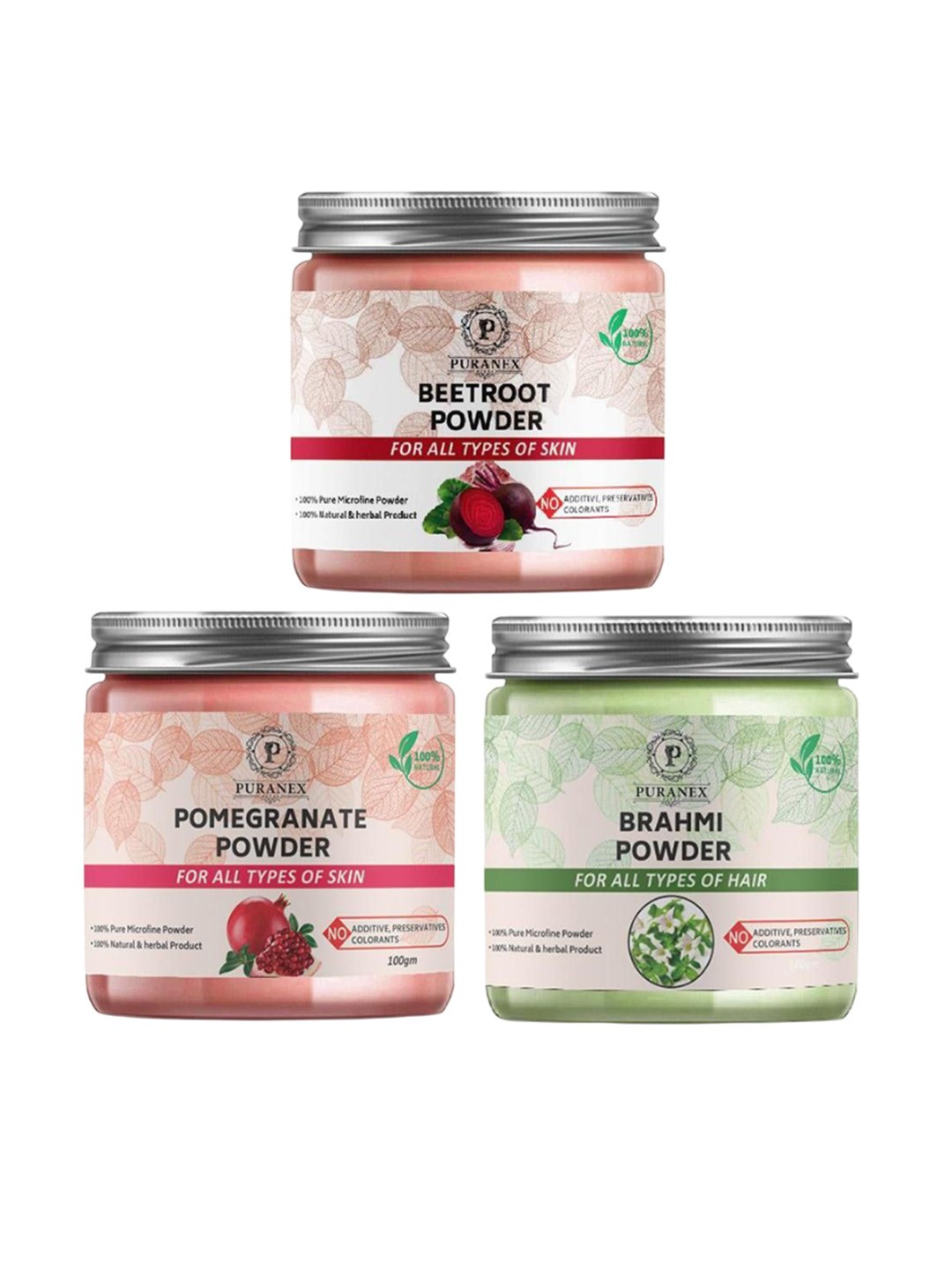 Puranex Set Of 3 Beetroot, Pomegranate & Brahmi Skin & Hair Powder-100 g Each, White
Puranex Set Of 3 Beetroot, Pomegranate & Brahmi Skin & Hair Powder-100 g Each, White