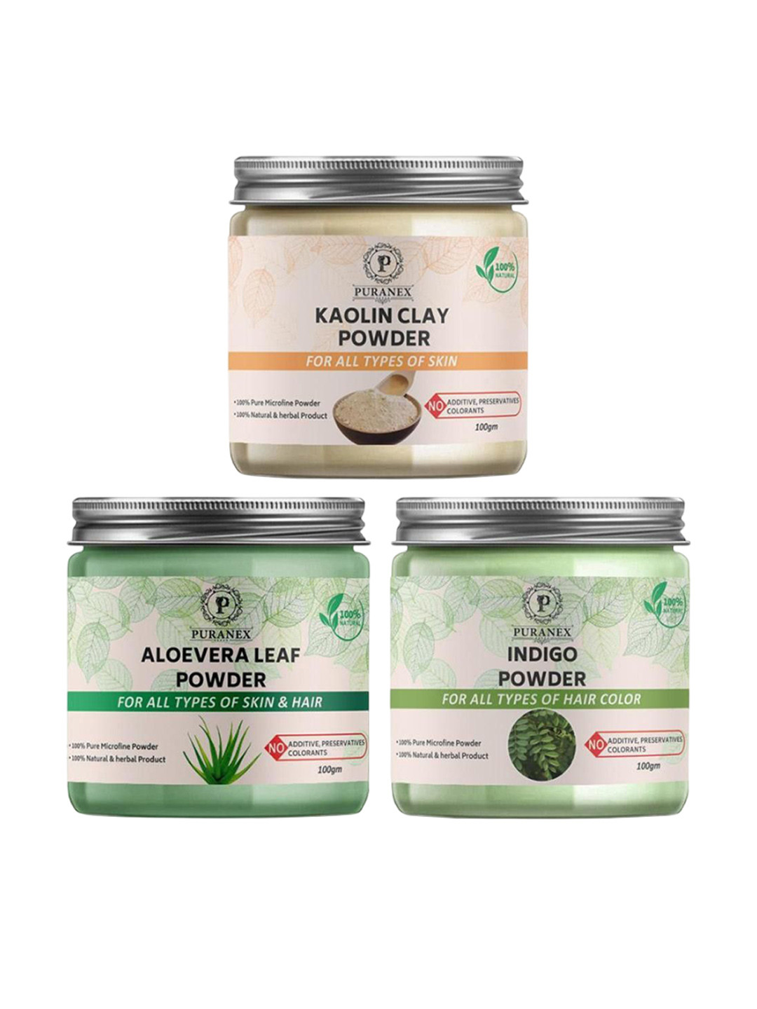 Puranex Set Of 3 Kaolin Clay, Aloe Vera Leaf & Indigo Skin & Hair Powder-100 g Each, White
Puranex Set Of 3 Kaolin Clay, Aloe Vera Leaf & Indigo Skin & Hair Powder-100 g Each, White