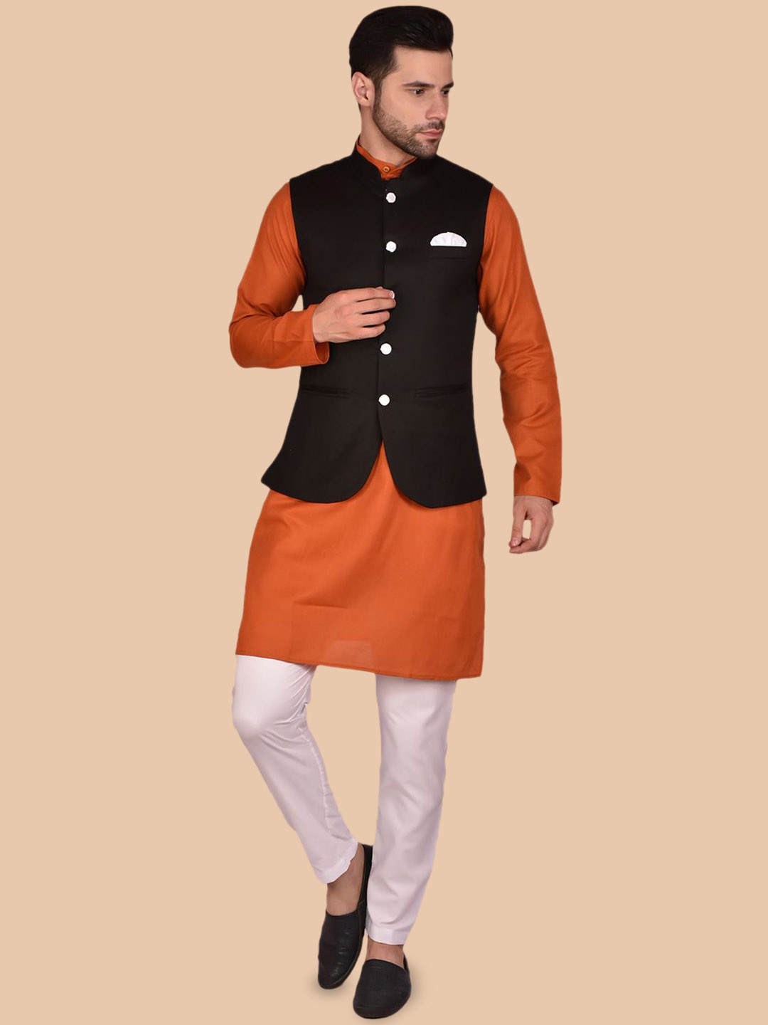 PRINTINDIA Mandarin Collar Pure Cotton Straight Kurta with Trousers & Nehru jacket, Orange
PRINTINDIA Mandarin Collar Pure Cotton Straight Kurta with Trousers & Nehru jacket, Orange