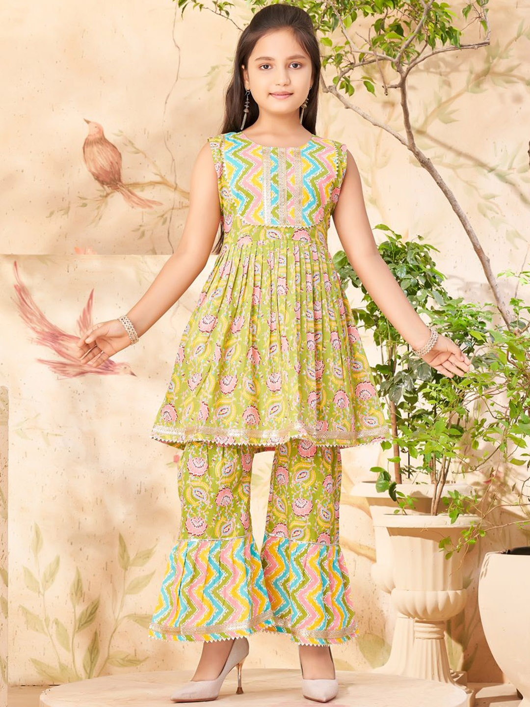 Sangria Girls Floral Printed Gotta Patti Pure Cotton Anarkali Kurta With Sharara, Olive
Sangria Girls Floral Printed Gotta Patti Pure Cotton Anarkali Kurta With Sharara, Olive