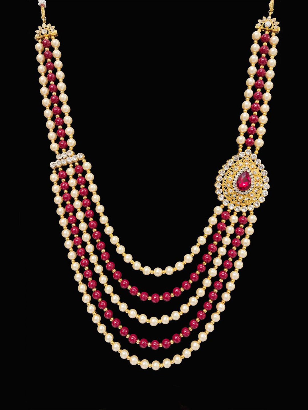 Radhe Creation Men Gold-Plated Kundan & Pearl Studded Five Layered Necklace, Maroon
Radhe Creation Men Gold-Plated Kundan & Pearl Studded Five Layered Necklace, Maroon