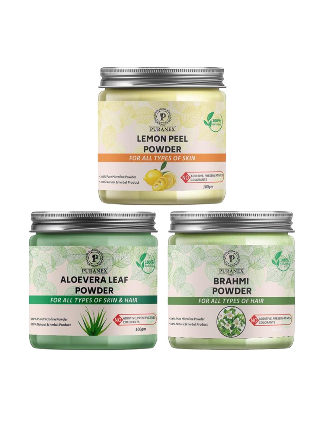 Puranex Set Of 3 Lemon Peel, Aloevera Powder & Brahmi Skin & Hair Powder- 100 g Each, White
Puranex Set Of 3 Lemon Peel, Aloevera Powder & Brahmi Skin & Hair Powder- 100 g Each, White