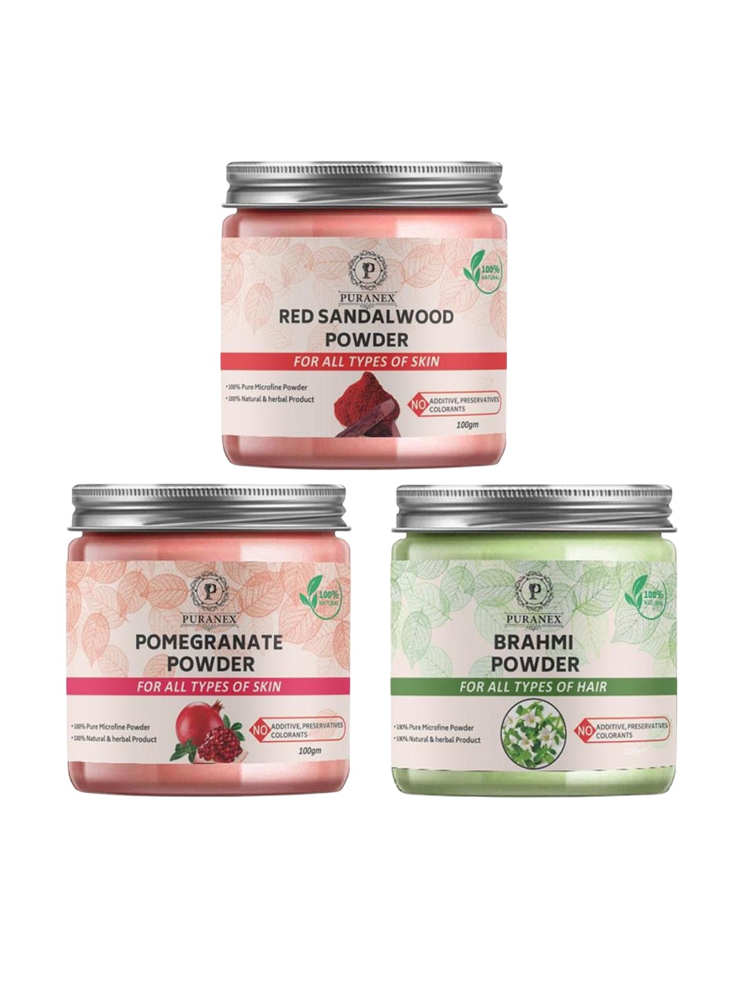 Puranex Set Of 3 Natural Red Sandalwood -Pomegranate & Brahmi Powder - 100 g Each, Pink
Puranex Set Of 3 Natural Red Sandalwood -Pomegranate & Brahmi Powder - 100 g Each, Pink