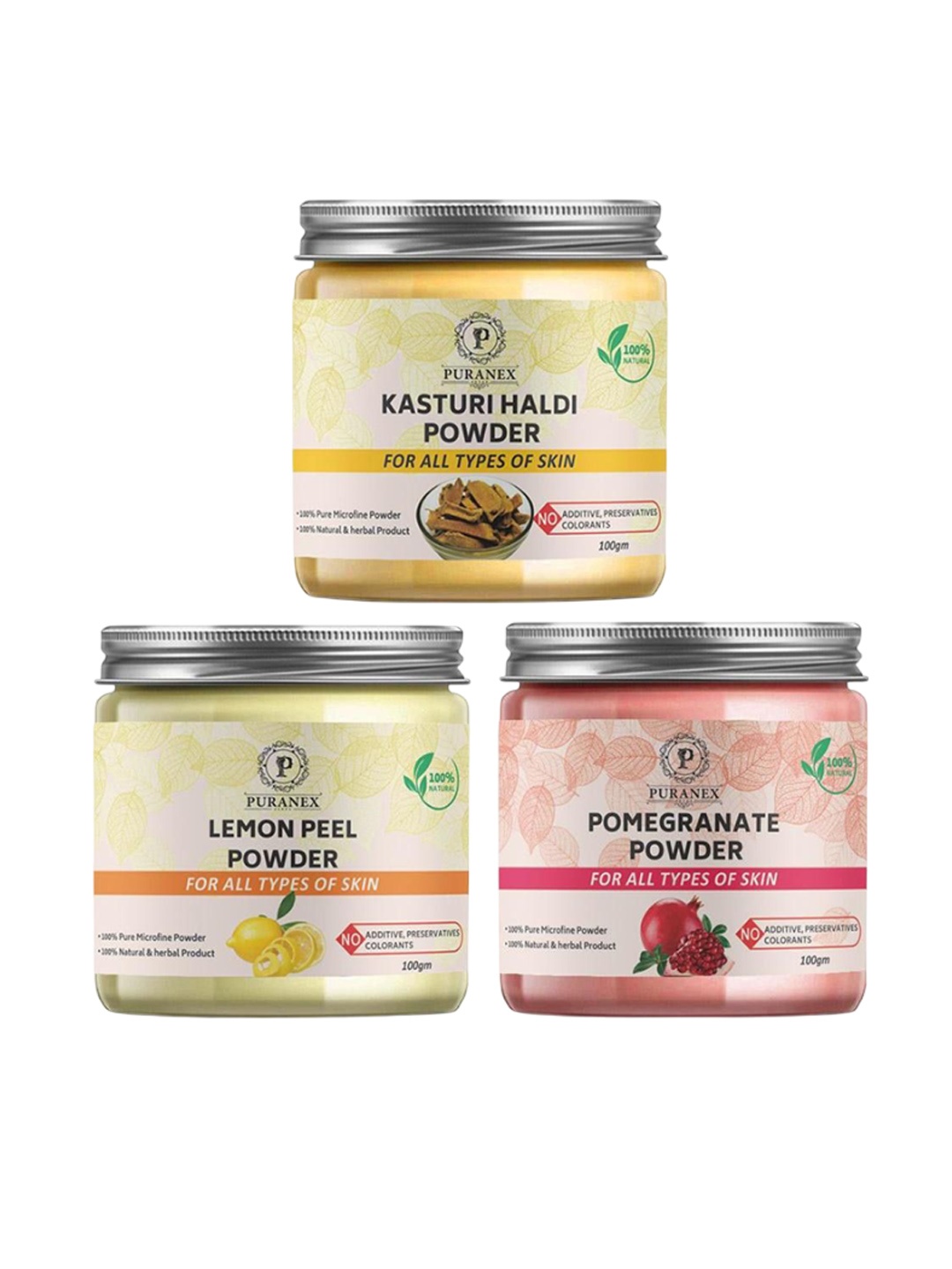 Puranex Set Of 3 Kasturi Haldi - Lemon Peel & Pomegranate Powder Face Pack - 100 g Each, White
Puranex Set Of 3 Kasturi Haldi - Lemon Peel & Pomegranate Powder Face Pack - 100 g Each, White