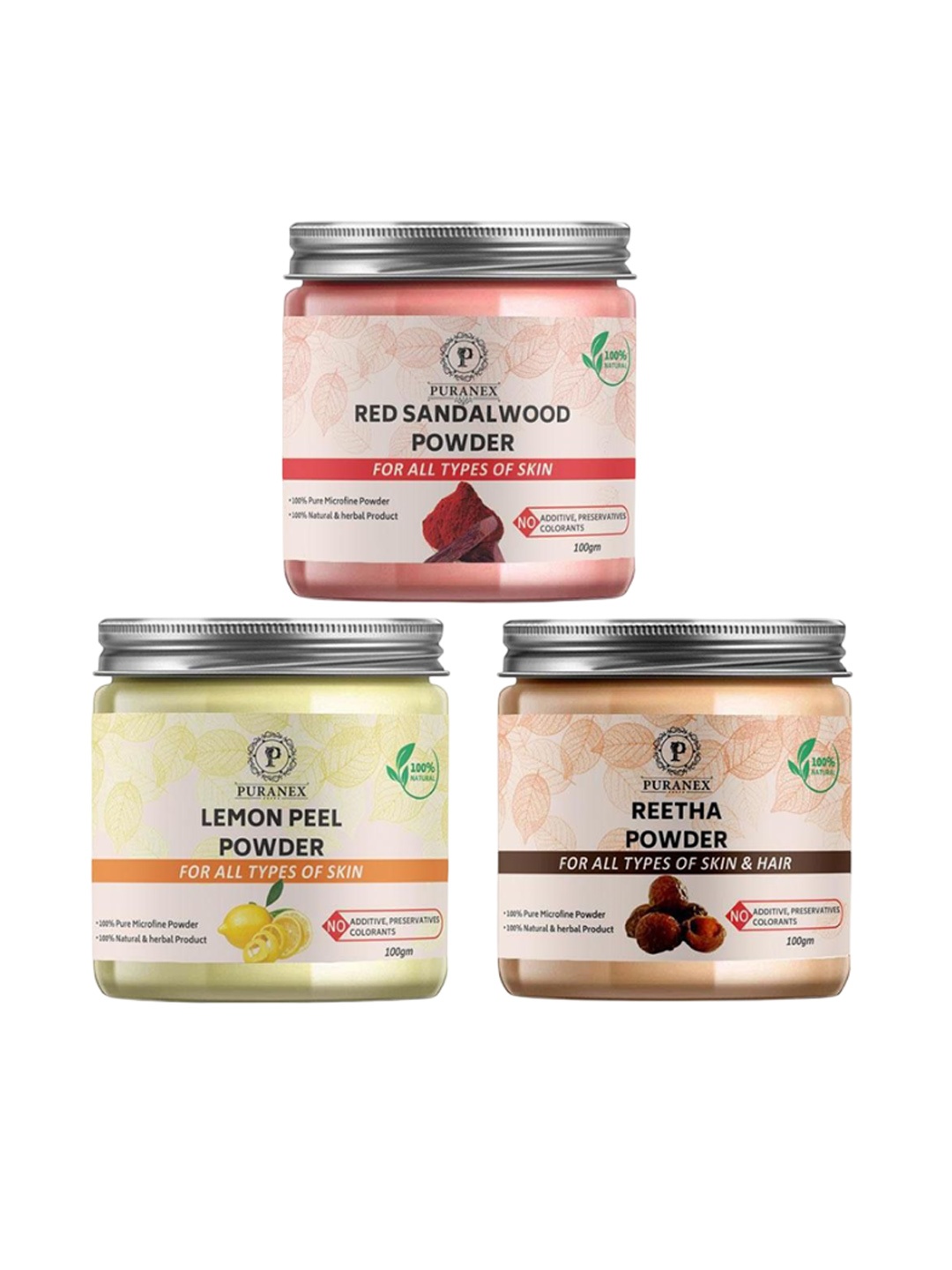 Puranex Set Of 3 Red Sandal Wood - Lemon Peel & Reetha Powder For Hair & Skin - 100 g Each, Pink
Puranex Set Of 3 Red Sandal Wood - Lemon Peel & Reetha Powder For Hair & Skin - 100 g Each, Pink