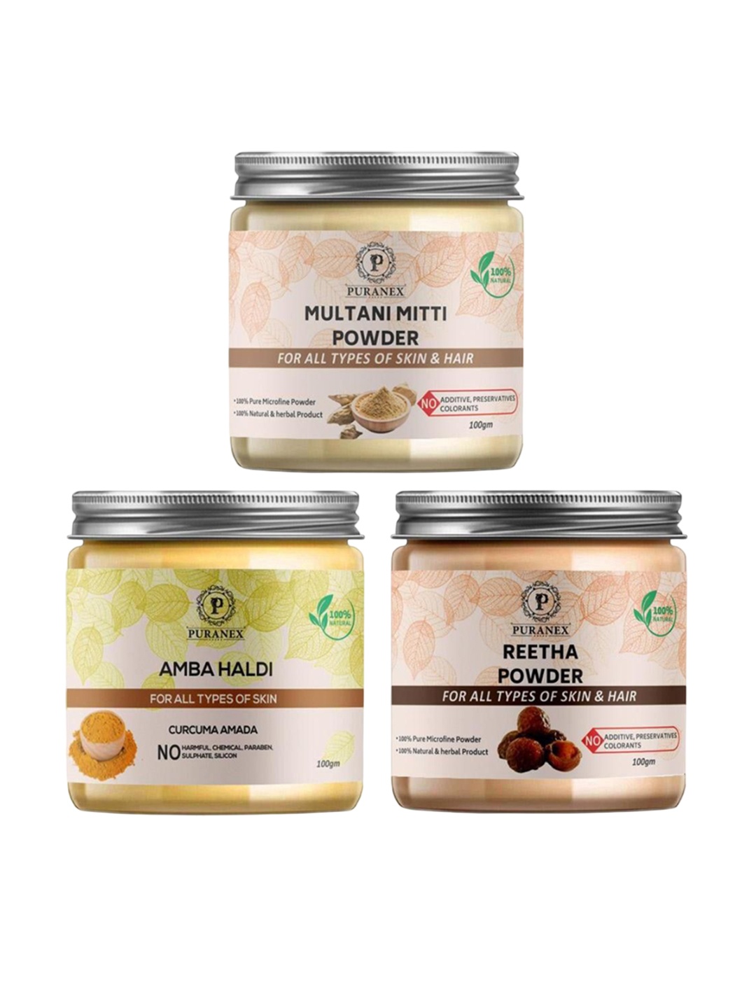 Puranex Set Of 3 Multani Mitti, Amba Haldi & Reetha Skin & Hair Powder-100 g Each, White
Puranex Set Of 3 Multani Mitti, Amba Haldi & Reetha Skin & Hair Powder-100 g Each, White