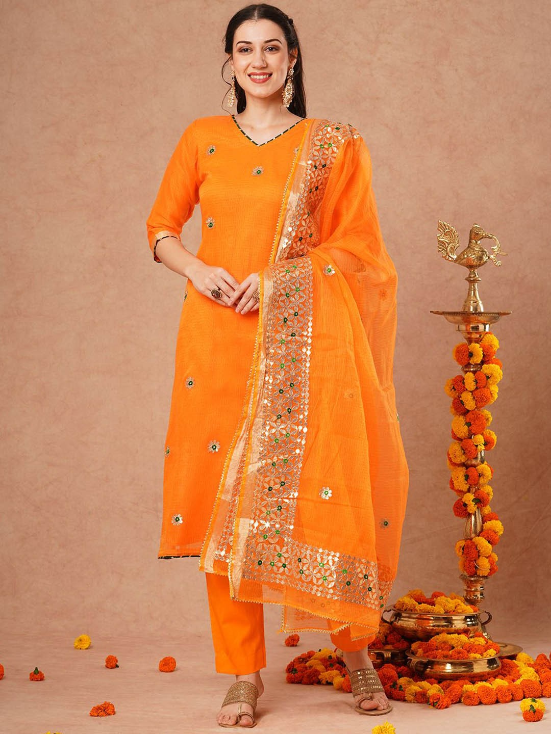 FASHOR Floral Embroidered Gotta Patti Straight Kurta With Trousers & Dupatta, Orange
FASHOR Floral Embroidered Gotta Patti Straight Kurta With Trousers & Dupatta, Orange