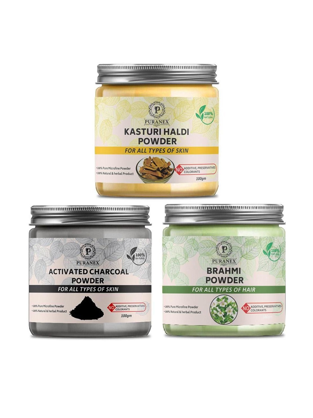 Puranex Set Of 3 Haldi Powder, Brahmi Powder & Charcoal Skin & Hair Powder-100 g Each, White
Puranex Set Of 3 Haldi Powder, Brahmi Powder & Charcoal Skin & Hair Powder-100 g Each, White