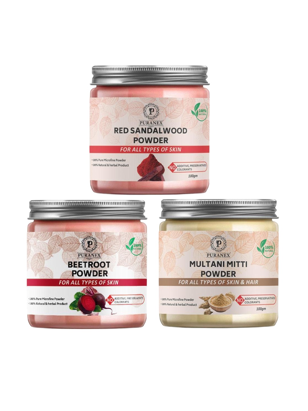 Puranex Set Of 3 Natural Red Sandalwood - Beetroot Powder & Multani Mitti Powder-100g Each, White
Puranex Set Of 3 Natural Red Sandalwood - Beetroot Powder & Multani Mitti Powder-100g Each, White