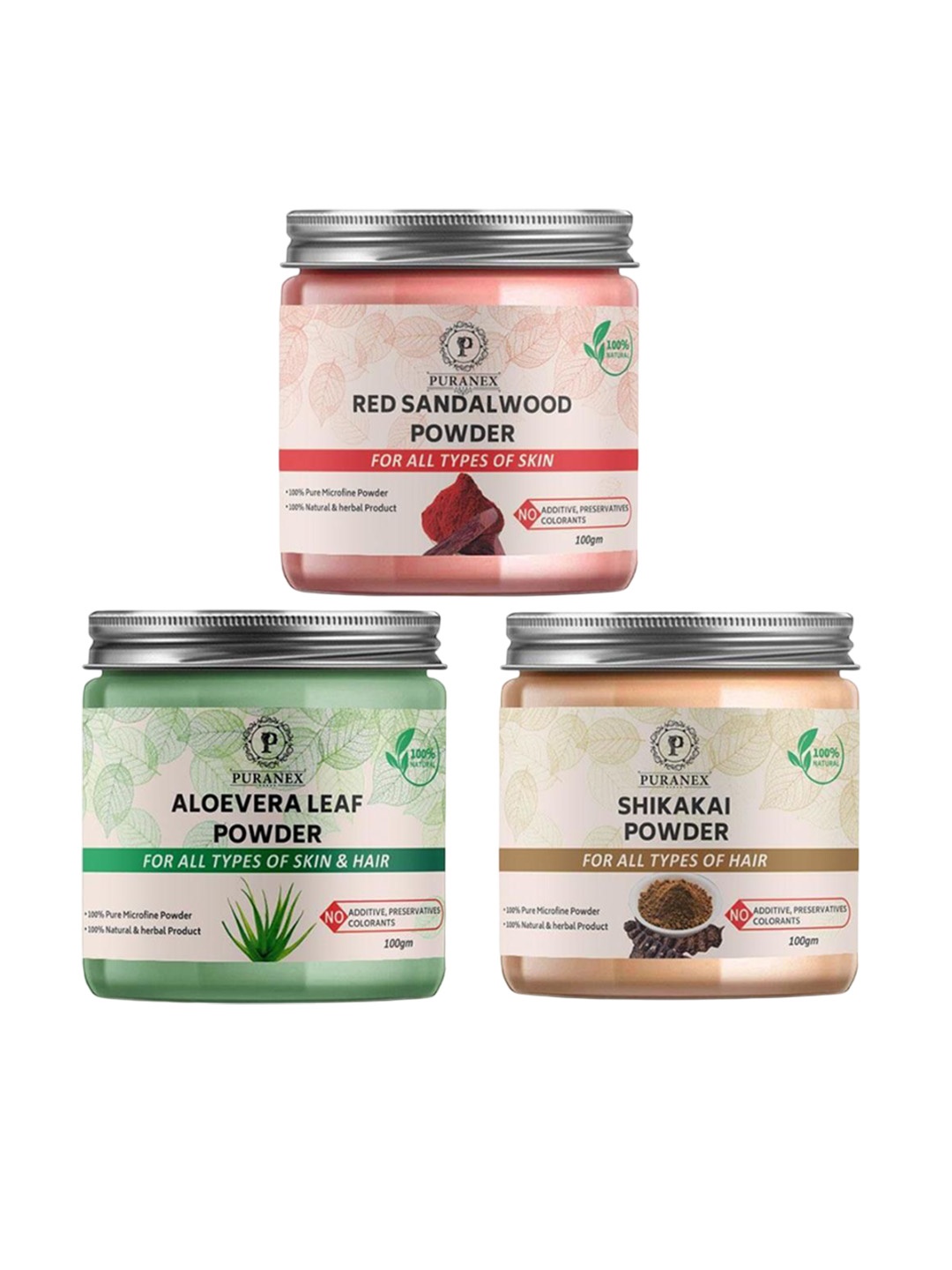 Puranex Set Of 3 Red Sandalwood, Aloe Vera Leaf & Shikakai Hair & Skin Powder -100 g Each, White
Puranex Set Of 3 Red Sandalwood, Aloe Vera Leaf & Shikakai Hair & Skin Powder -100 g Each, White