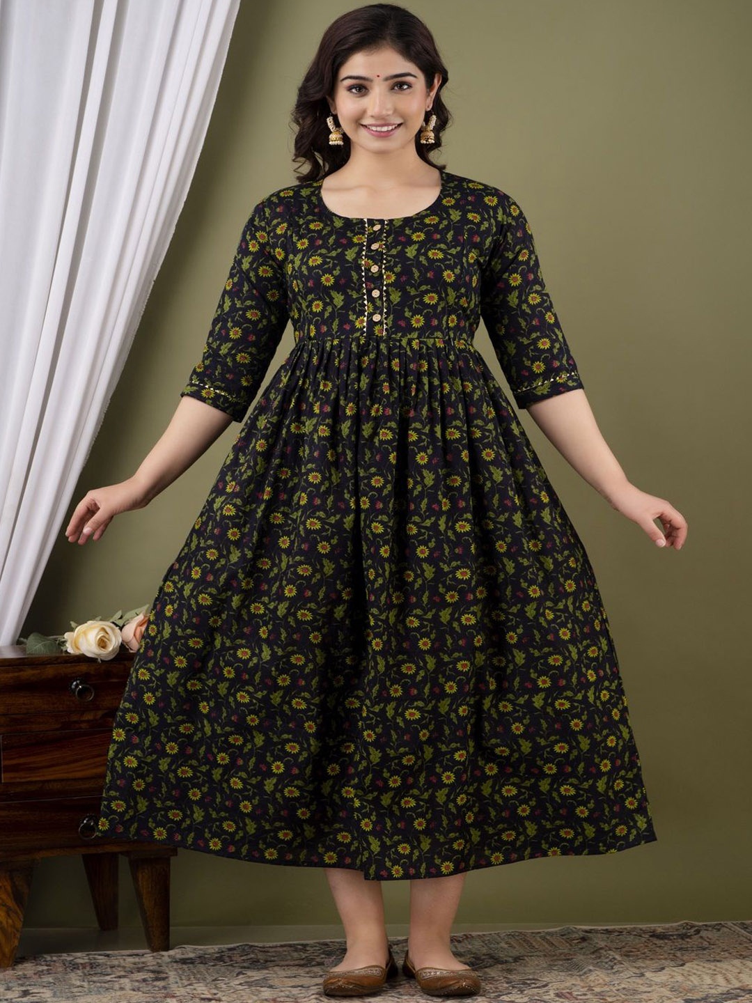 Nevisha Style Floral Printed Round Neck Three-Quarter Sleeves Pure Cotton Ethnic Dress, Green
Nevisha Style Floral Printed Round Neck Three-Quarter Sleeves Pure Cotton Ethnic Dress, Green