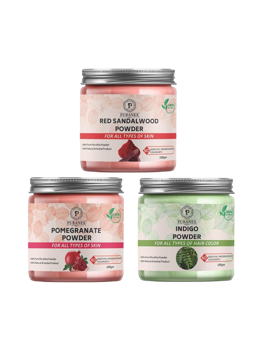 Puranex Set Of 3 Red Sandalwood, Pomegranate Powder, Indigo Skin & Hair Powder - 100g Each, White
Puranex Set Of 3 Red Sandalwood, Pomegranate Powder, Indigo Skin & Hair Powder - 100g Each, White