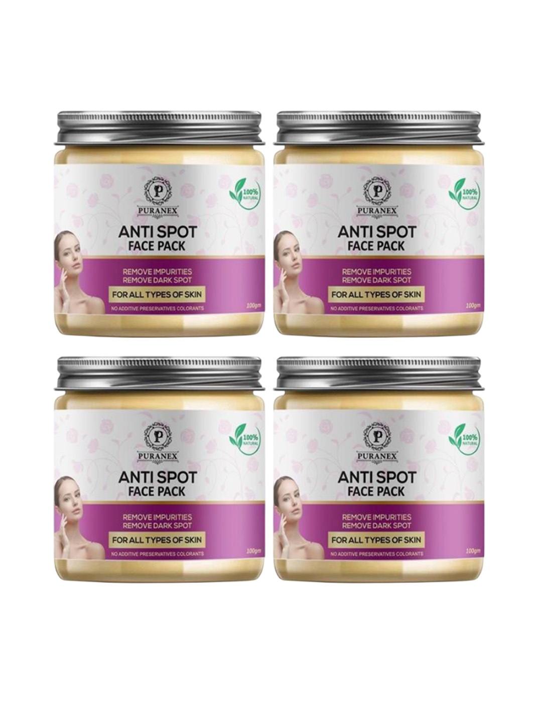 Puranex Set Of 4 100% Natural & Pure Anti Spot Face Pack With Beetroot - 100g Each, White
Puranex Set Of 4 100% Natural & Pure Anti Spot Face Pack With Beetroot - 100g Each, White