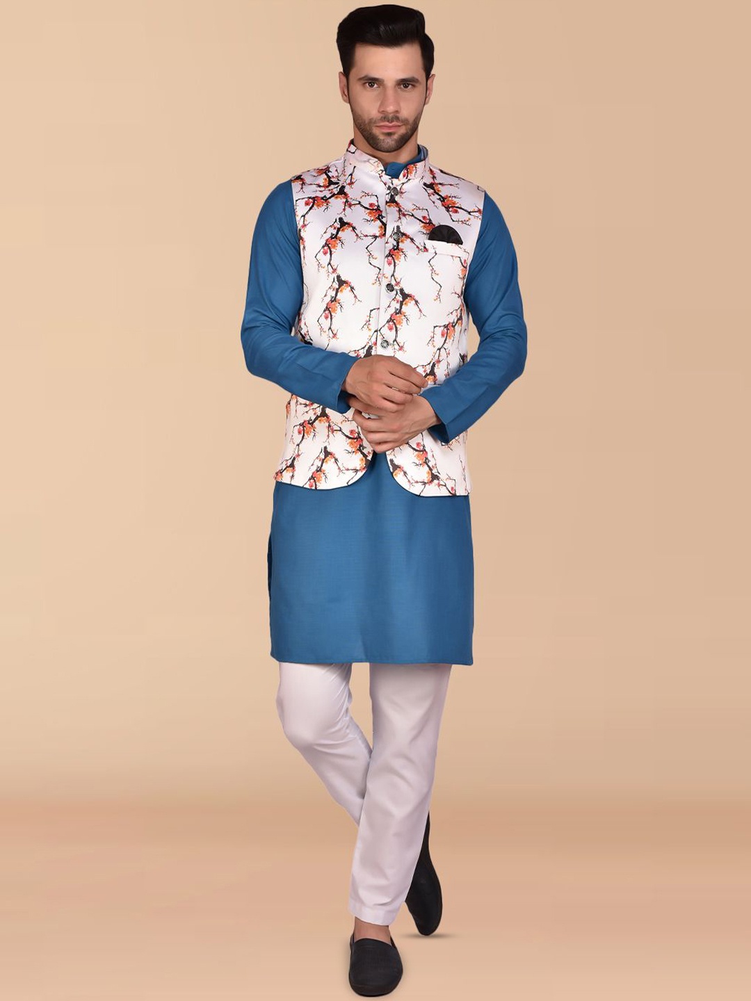PRINTINDIA Mandarin Collar Pure Cotton Straight Kurta with Trousers & Nehru jacket, Blue
PRINTINDIA Mandarin Collar Pure Cotton Straight Kurta with Trousers & Nehru jacket, Blue