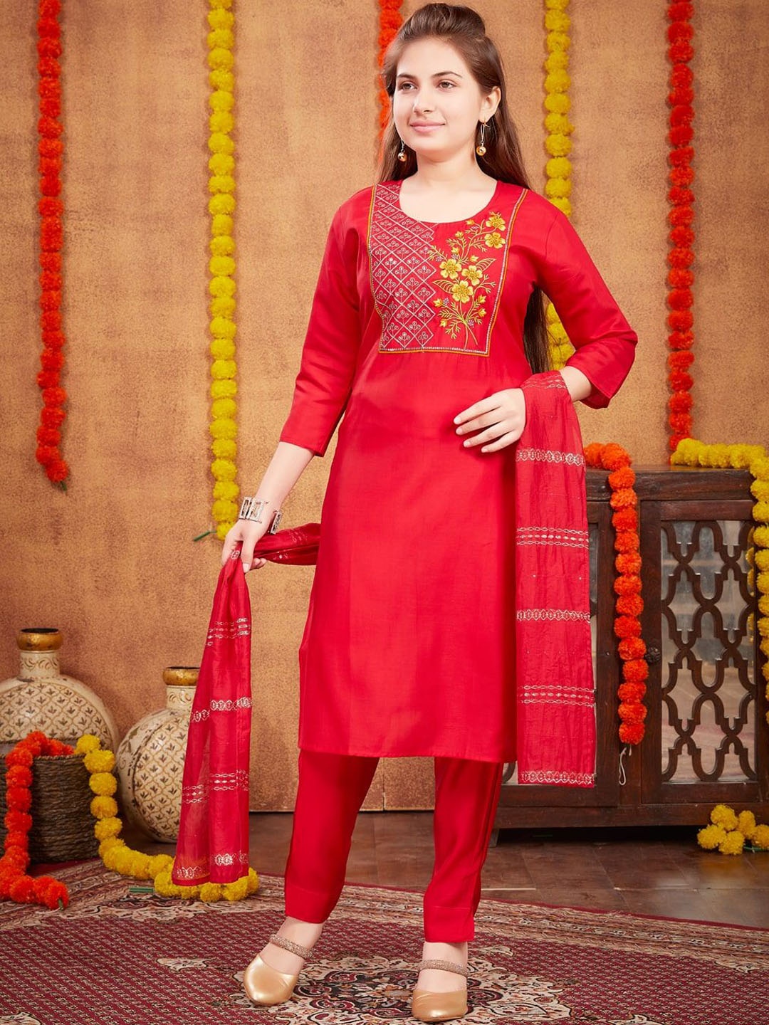 Sangria Girls Foral Embroidered Pure Silk Straight Kurta With Trousers & Dupatta, Red
Sangria Girls Foral Embroidered Pure Silk Straight Kurta With Trousers & Dupatta, Red