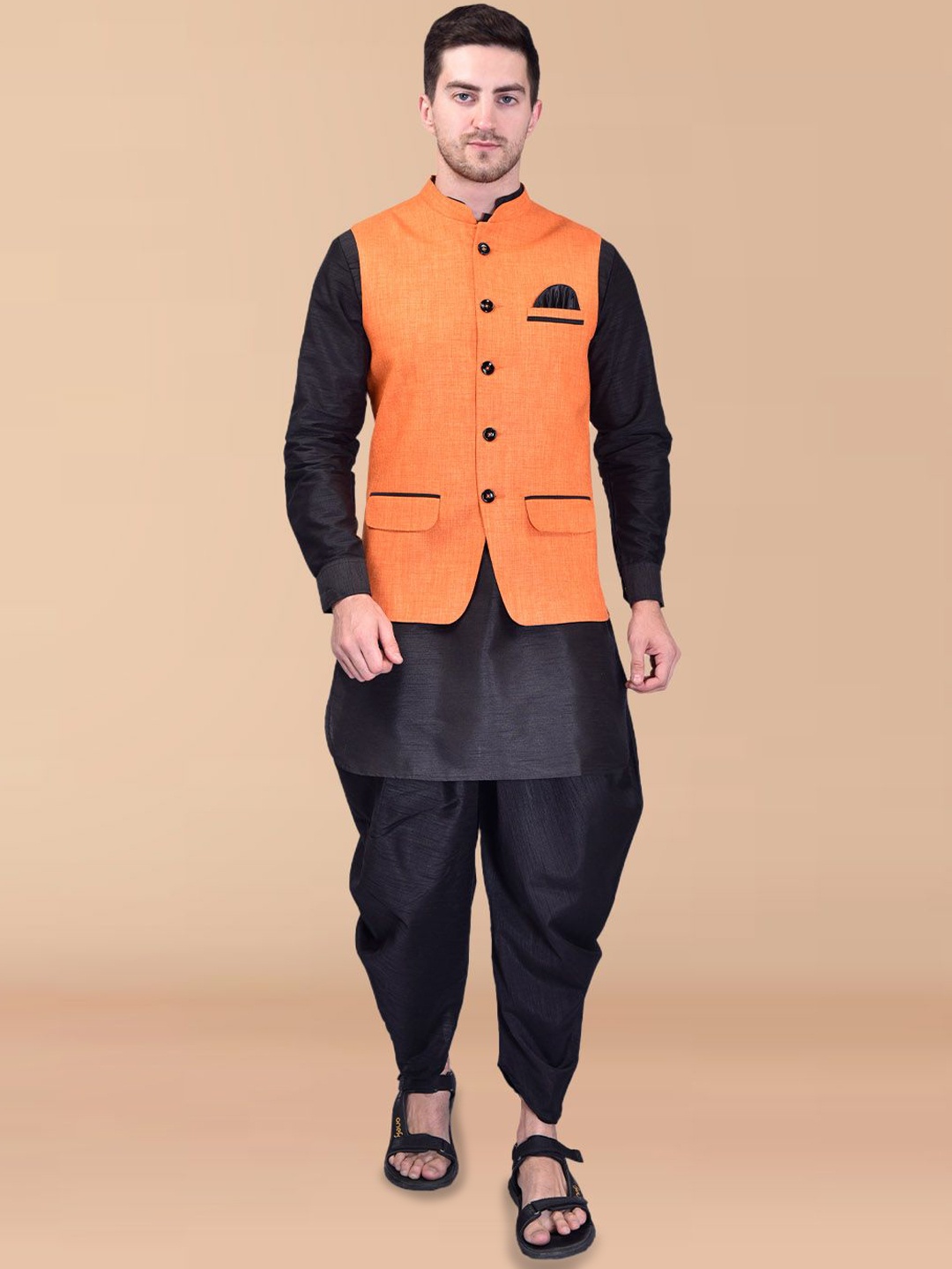 PRINTINDIA Mandarin Collar Pure Silk Straight Kurta With Dhoti Pants & Nehru jacket, Black
PRINTINDIA Mandarin Collar Pure Silk Straight Kurta With Dhoti Pants & Nehru jacket, Black