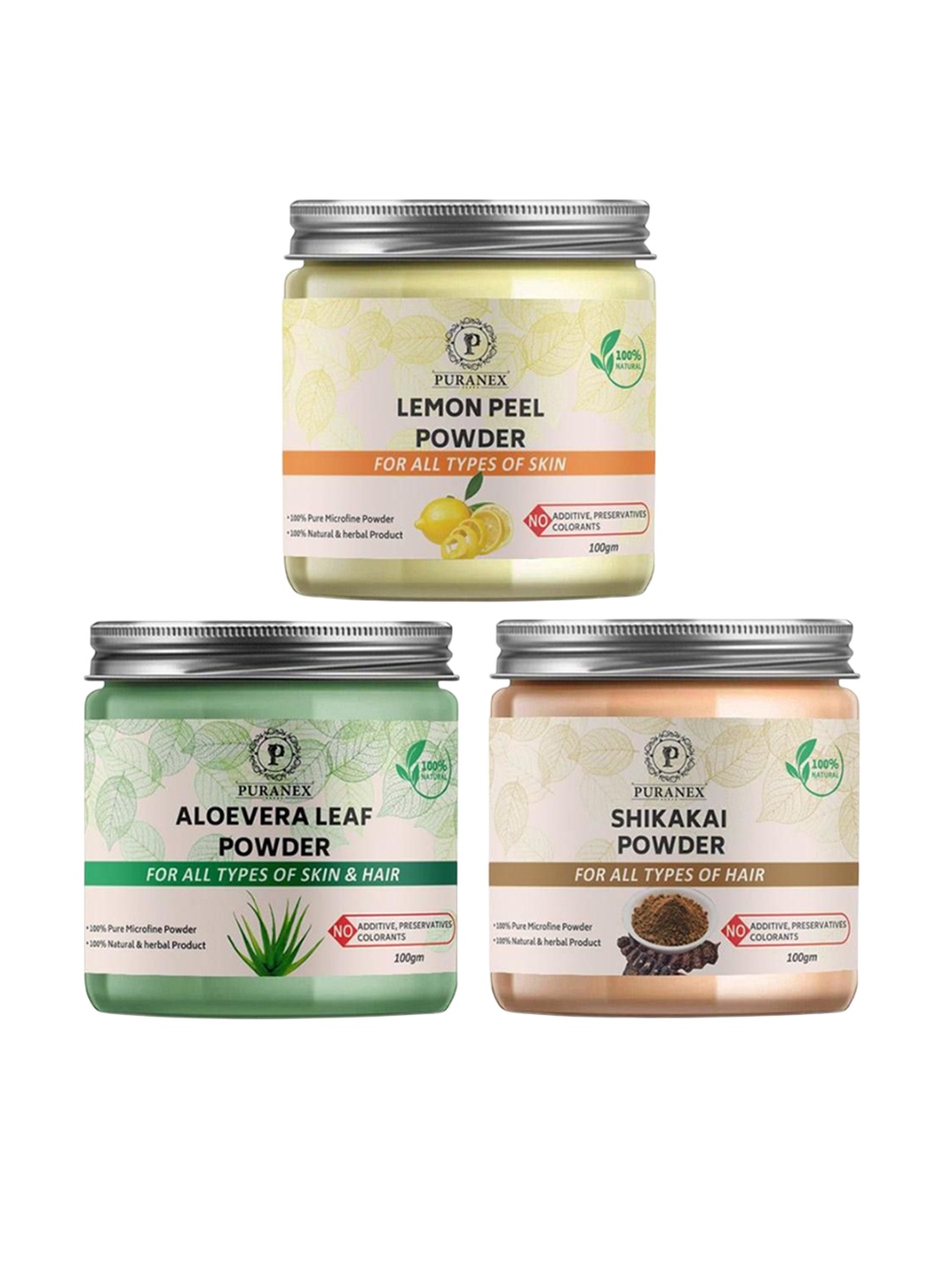 Puranex Set Of 3 Lemon Peel, Aloevera Leaf & Shikakai Skin & Hair Powder-100 g Each, White
Puranex Set Of 3 Lemon Peel, Aloevera Leaf & Shikakai Skin & Hair Powder-100 g Each, White