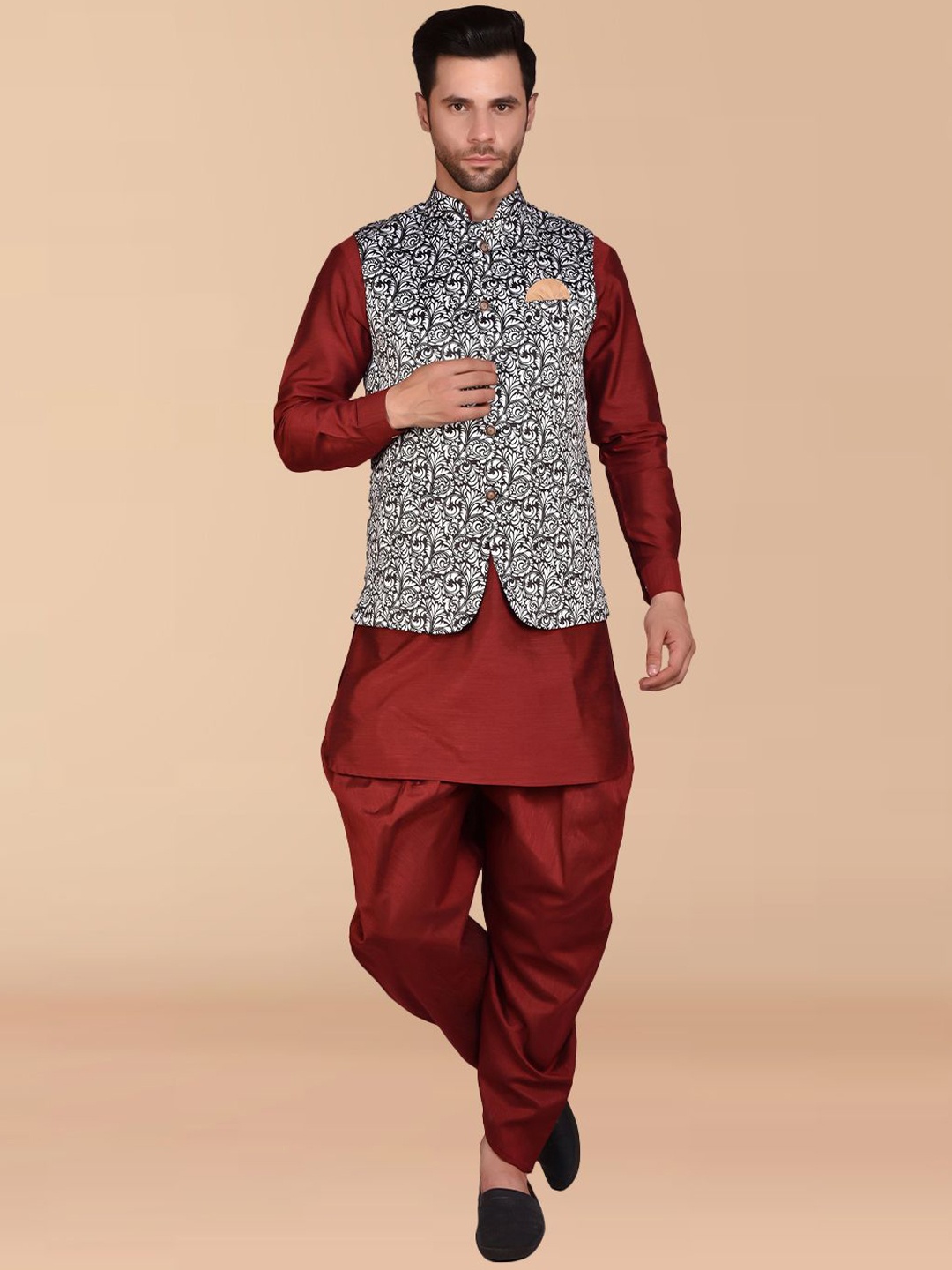 PRINTINDIA Mandarin Collar Pure Silk Straight Kurta with Harem Pants & Nehru jacket, Brown
PRINTINDIA Mandarin Collar Pure Silk Straight Kurta with Harem Pants & Nehru jacket, Brown