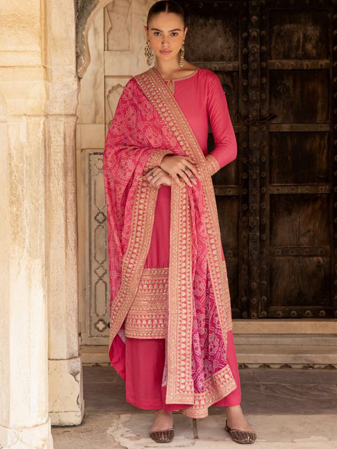 KARAJ JAIPUR Bandhani Embroidered Sequinned Chanderi Cotton Kurta with Trousers & Dupatta, Pink
KARAJ JAIPUR Bandhani Embroidered Sequinned Chanderi Cotton Kurta with Trousers & Dupatta, Pink