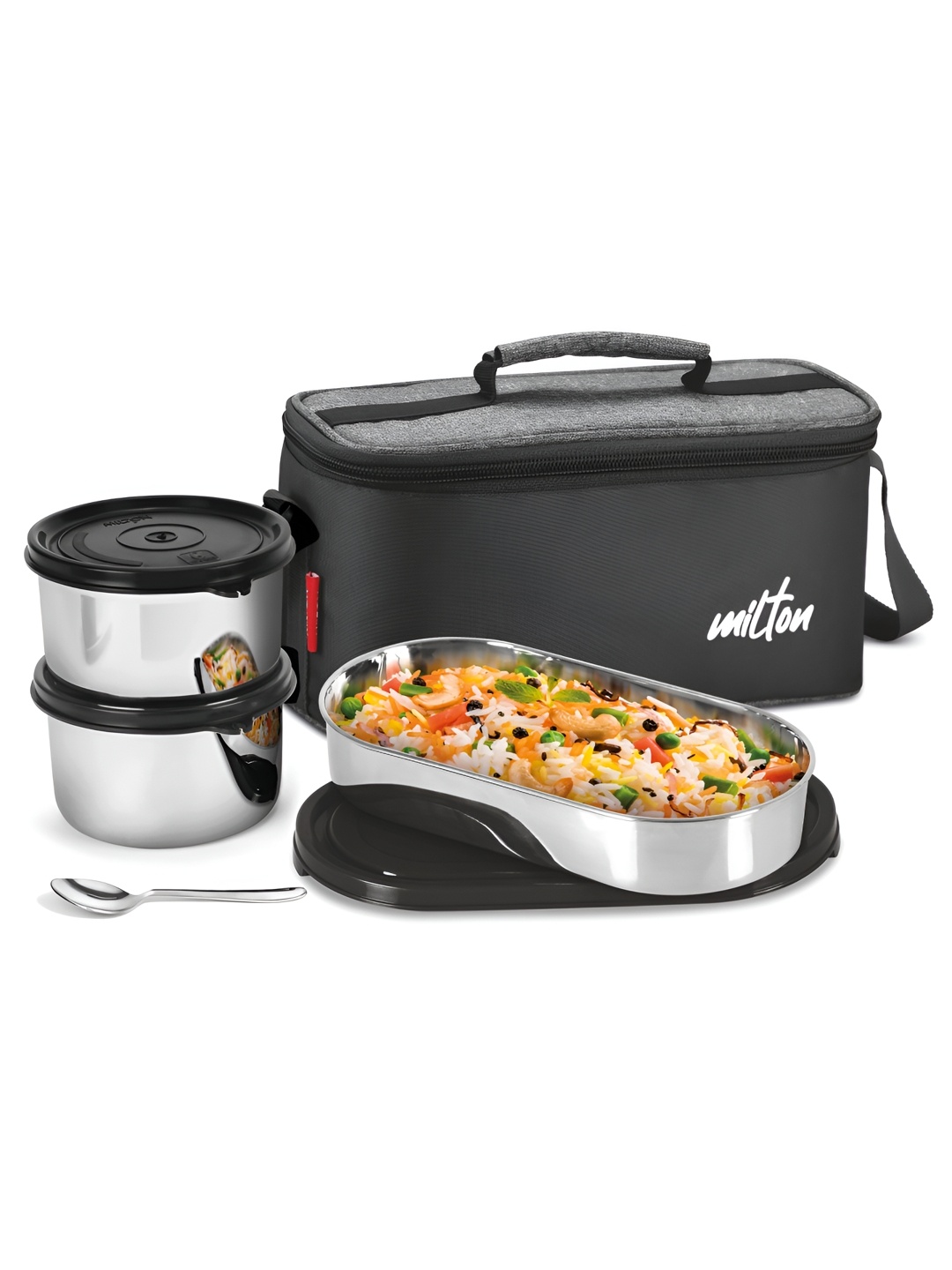 Milton Steel Smart Lunch Box 2 Inner Steel 500ml each & 1 Oval Container with Spoon & Bag, Black
Milton Steel Smart Lunch Box 2 Inner Steel 500ml each & 1 Oval Container with Spoon & Bag, Black