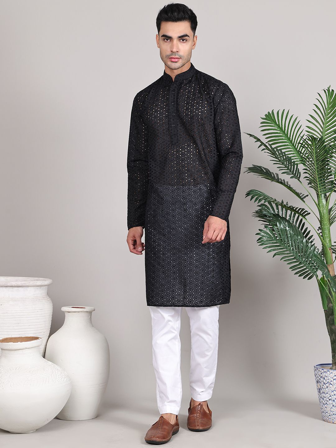 Majestic Man Floral Lucknowi Chikankari Embroidered Mandarin Collar Straight Kurta, Black
Majestic Man Floral Lucknowi Chikankari Embroidered Mandarin Collar Straight Kurta, Black