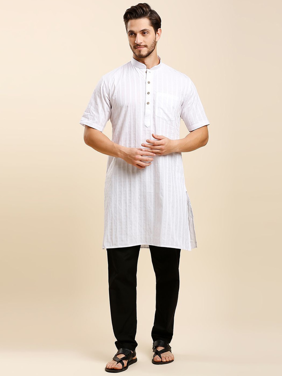 RAJUBHAI HARGOVINDAS Striped Mandarin Collar Short Sleeves Cotton Straight Kurta, White
RAJUBHAI HARGOVINDAS Striped Mandarin Collar Short Sleeves Cotton Straight Kurta, White