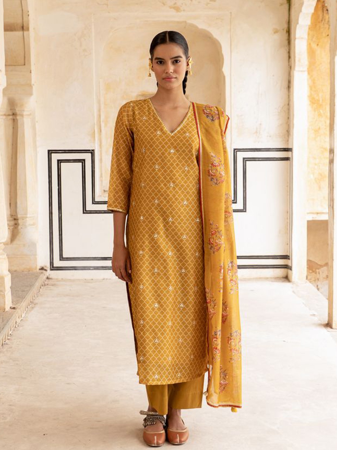 KARAJ JAIPUR Floral Embroidered Sequinned Chanderi Cotton Kurta with Trouser & Dupatta, Mustard
KARAJ JAIPUR Floral Embroidered Sequinned Chanderi Cotton Kurta with Trouser & Dupatta, Mustard
