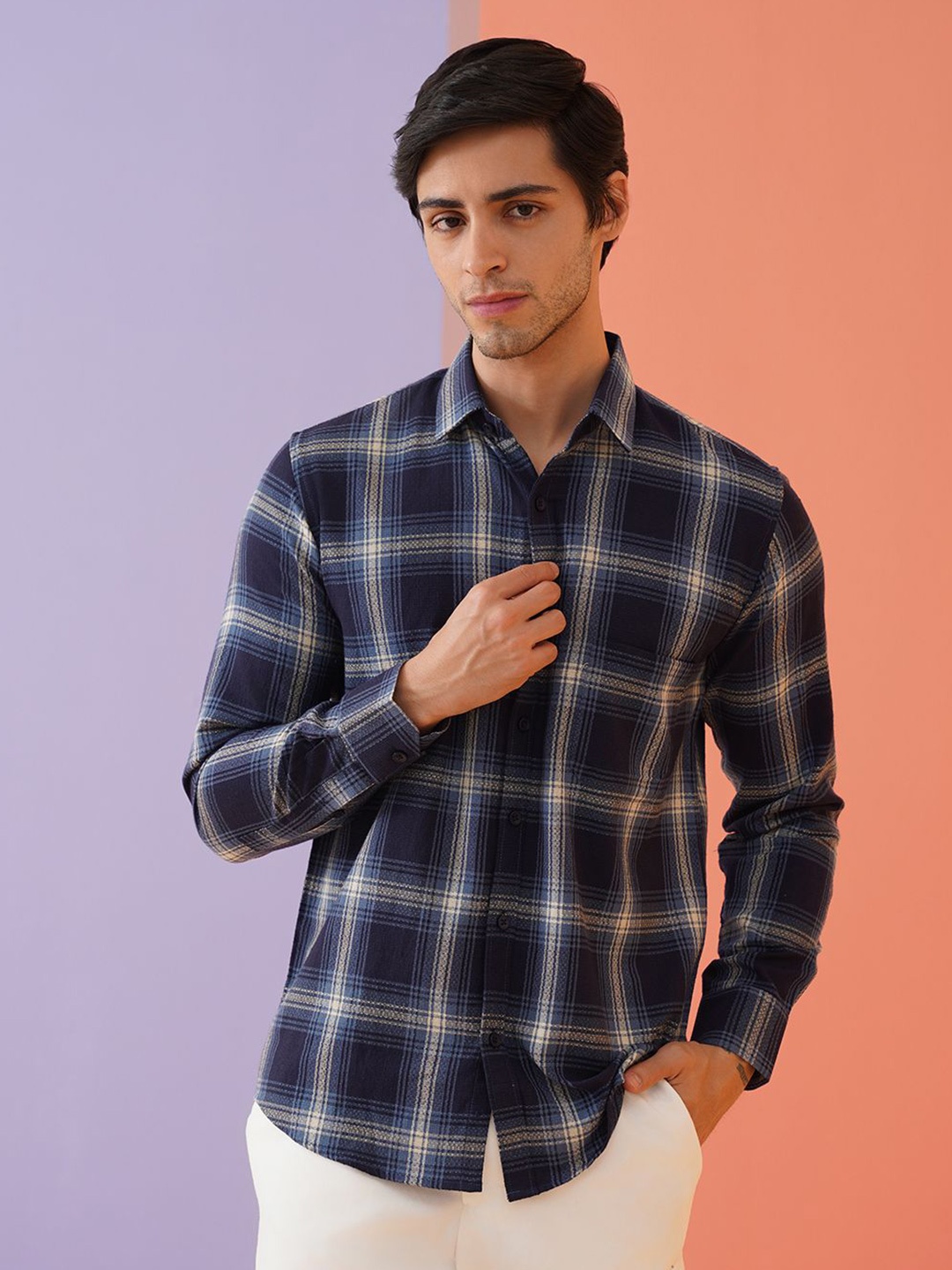 Indian Needle Men Classic Spread Collar Tartan Checked Cotton Casual Shirt, Navy blue
Indian Needle Men Classic Spread Collar Tartan Checked Cotton Casual Shirt, Navy blue