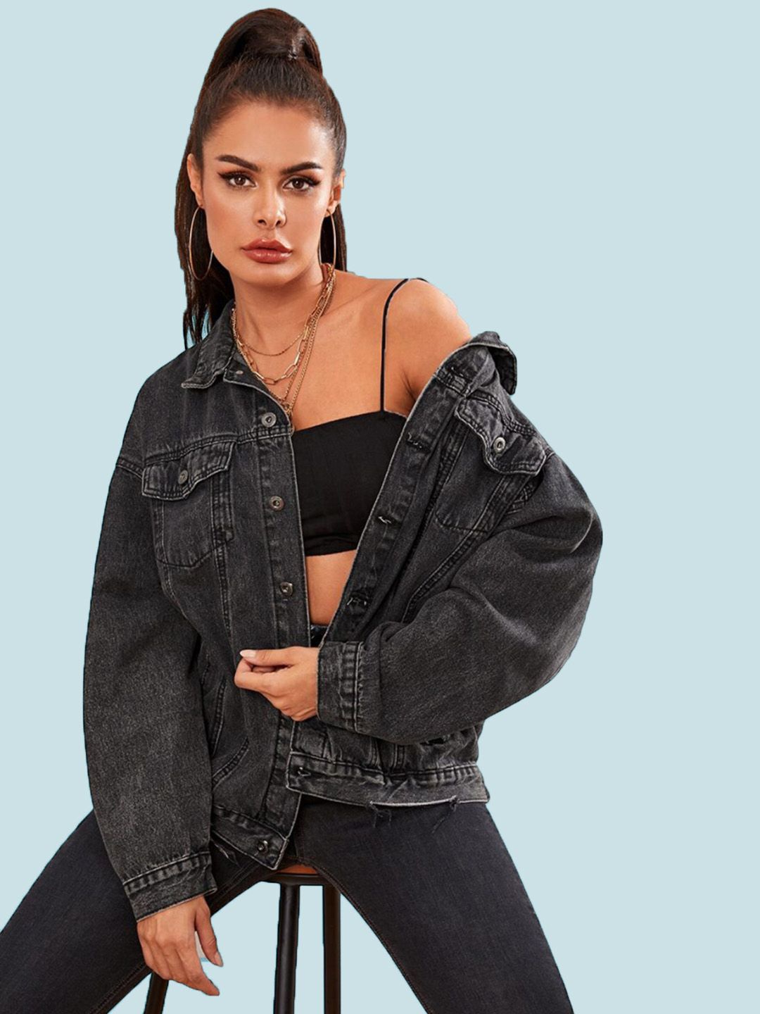 Kotty Women Spread Collar Washed Self Design Cotton Casual Denim Jacket, Charcoal
Kotty Women Spread Collar Washed Self Design Cotton Casual Denim Jacket, Charcoal