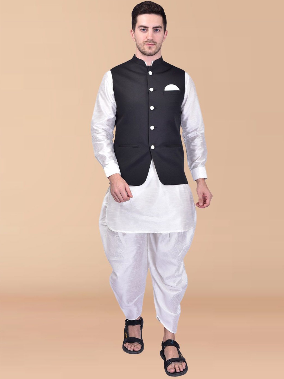 PRINTINDIA Mandarin Collar Pure Silk Straight Kurta with Dhoti Pant & Nehru Jacket, White
PRINTINDIA Mandarin Collar Pure Silk Straight Kurta with Dhoti Pant & Nehru Jacket, White