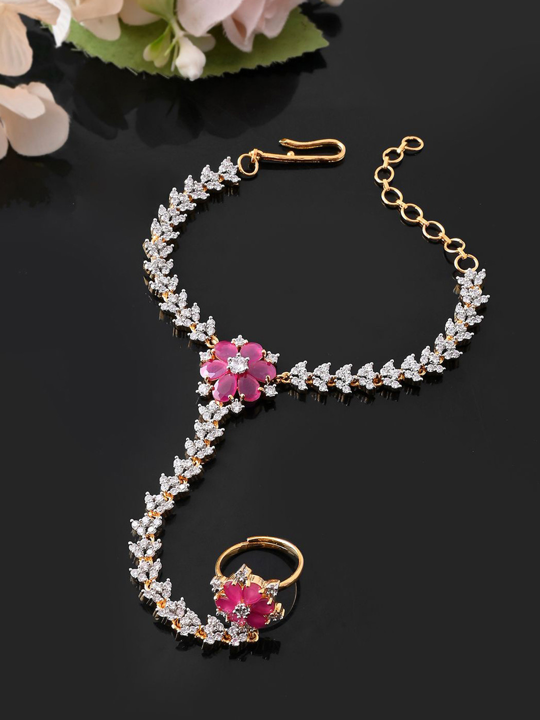 Voylla Gold-Plated Sparkling Elegance Timeless Blossom AD Studded Hath Phool Ring Bracelet
Voylla Gold-Plated Sparkling Elegance Timeless Blossom AD Studded Hath Phool Ring Bracelet