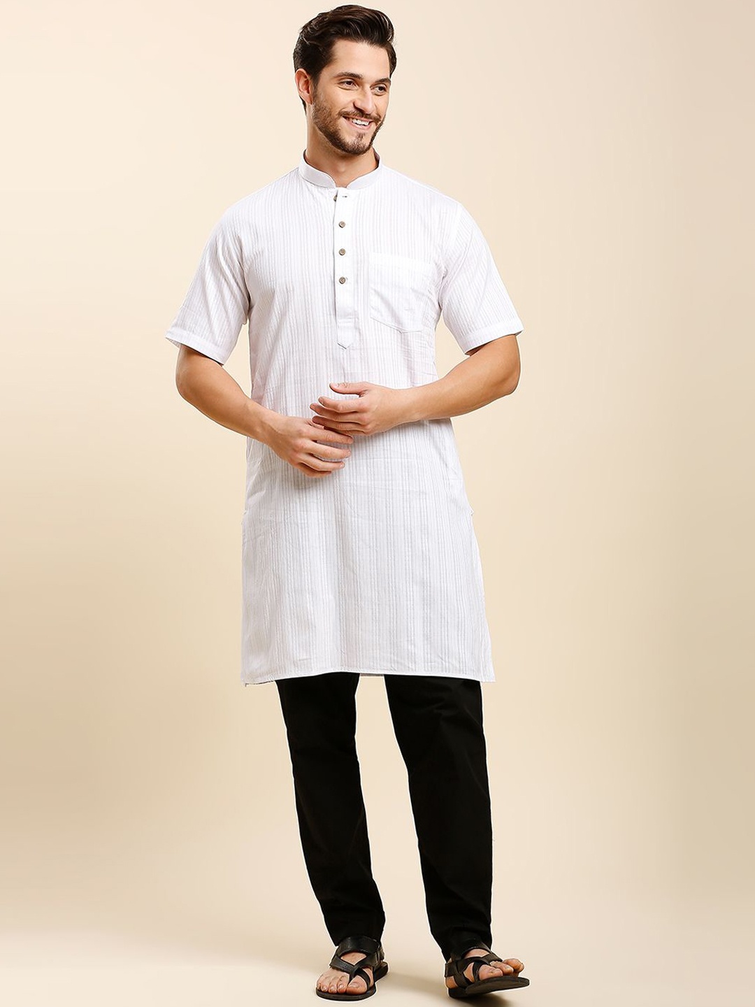 RAJUBHAI HARGOVINDAS Striped Mandarin Collar Short Sleeves Cotton Straight Kurta, White
RAJUBHAI HARGOVINDAS Striped Mandarin Collar Short Sleeves Cotton Straight Kurta, White