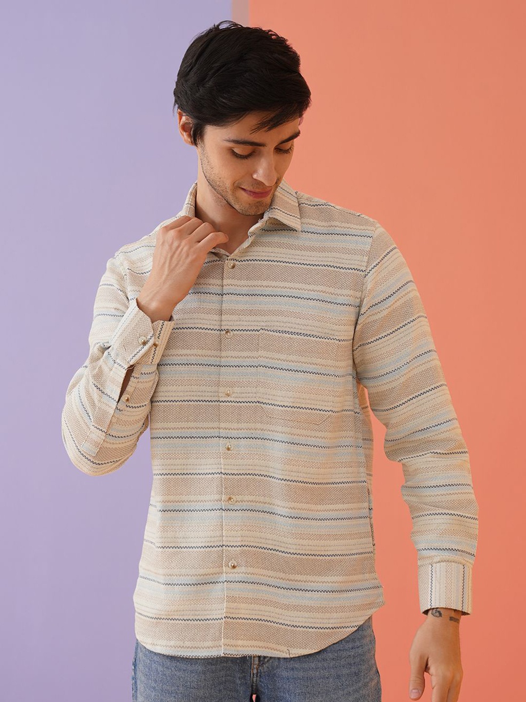 Indian Needle Men Classic Spread Collar Horizontal Striped Cotton Casual Shirt, Cream
Indian Needle Men Classic Spread Collar Horizontal Striped Cotton Casual Shirt, Cream