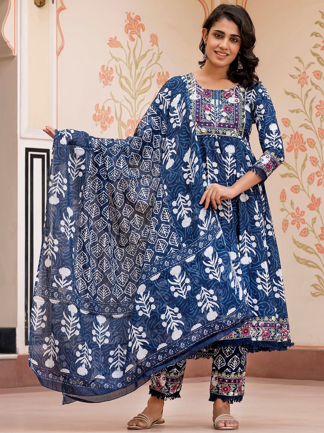 KALINI Floral Printed Mirror Work Straight Pure Cotton Kurta With Trousers & Dupatta, Blue
KALINI Floral Printed Mirror Work Straight Pure Cotton Kurta With Trousers & Dupatta, Blue