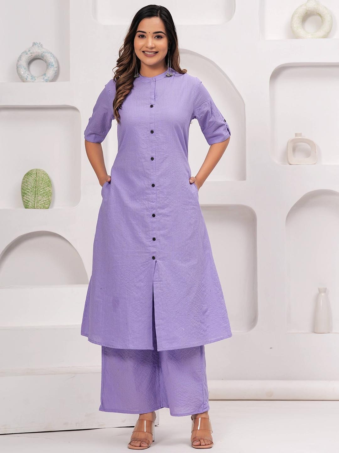 Angvarnika Striped Mandarin Collar Roll-Up Sleeves Pure Cotton A-Line Kurta With Palazzos, Purple
Angvarnika Striped Mandarin Collar Roll-Up Sleeves Pure Cotton A-Line Kurta With Palazzos, Purple