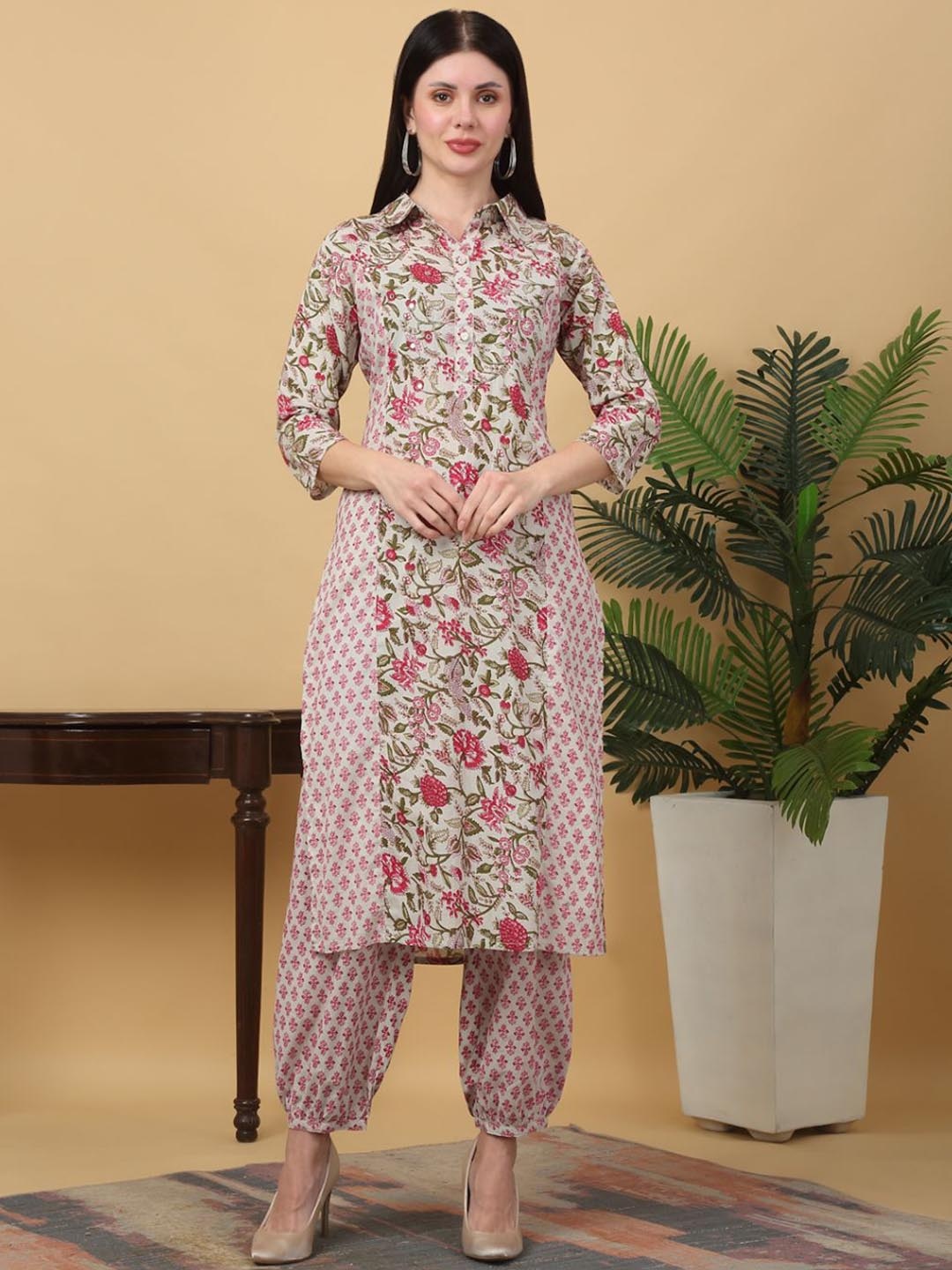 KALINI Floral Printed Mirror Work Shirt Collar Pure Cotton Straight Kurta With Salwar, Beige
KALINI Floral Printed Mirror Work Shirt Collar Pure Cotton Straight Kurta With Salwar, Beige