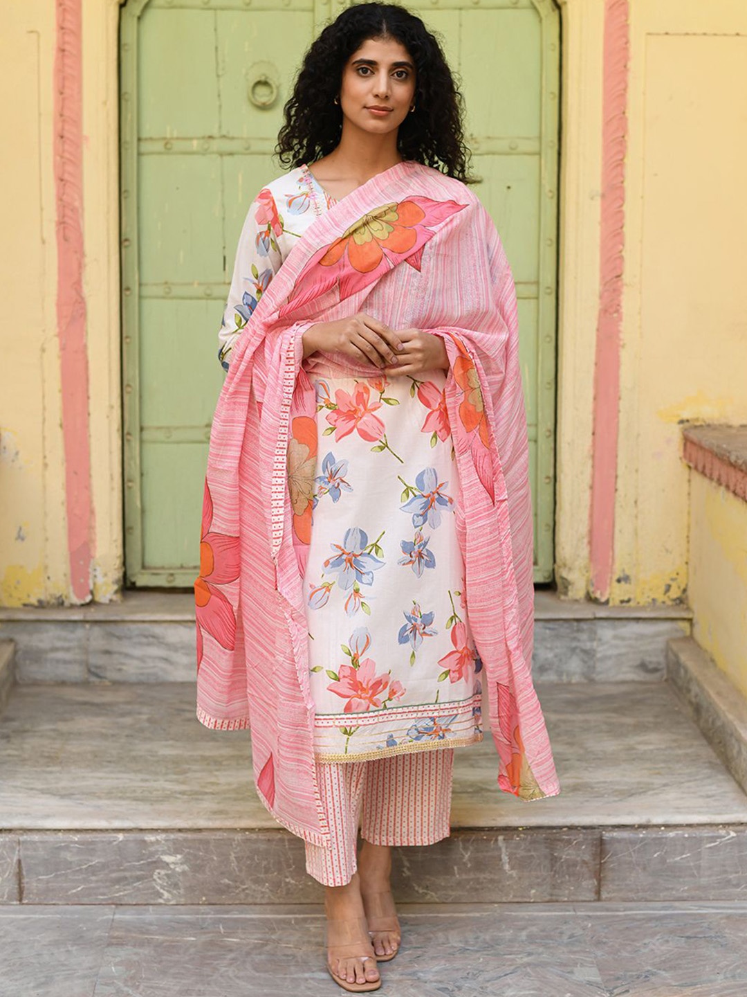 Rangeelo Floral Embroidered Mirror Work Pure Cotton Kurta With Palazzo & Dupatta, White
Rangeelo Floral Embroidered Mirror Work Pure Cotton Kurta With Palazzo & Dupatta, White