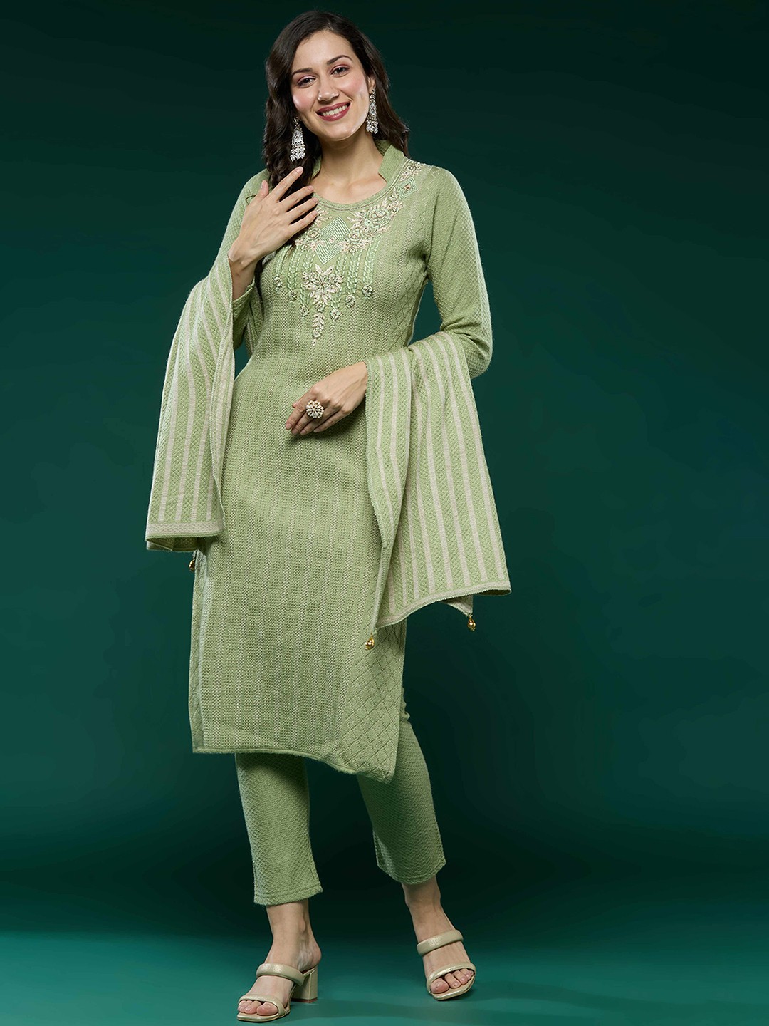 Peachmode Floral Embroidered Thread Work Pure Wool Kurta with Trouser & Dupatta, Green
Peachmode Floral Embroidered Thread Work Pure Wool Kurta with Trouser & Dupatta, Green