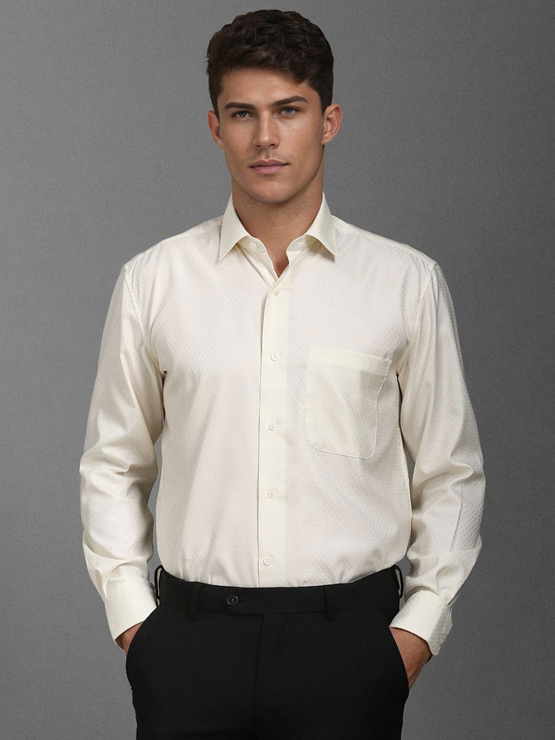 Luxure by Louis Philippe Men Classic Spread Collar Geometric Printed Cotton Formal Shirt, Cream
Luxure by Louis Philippe Men Classic Spread Collar Geometric Printed Cotton Formal Shirt, Cream