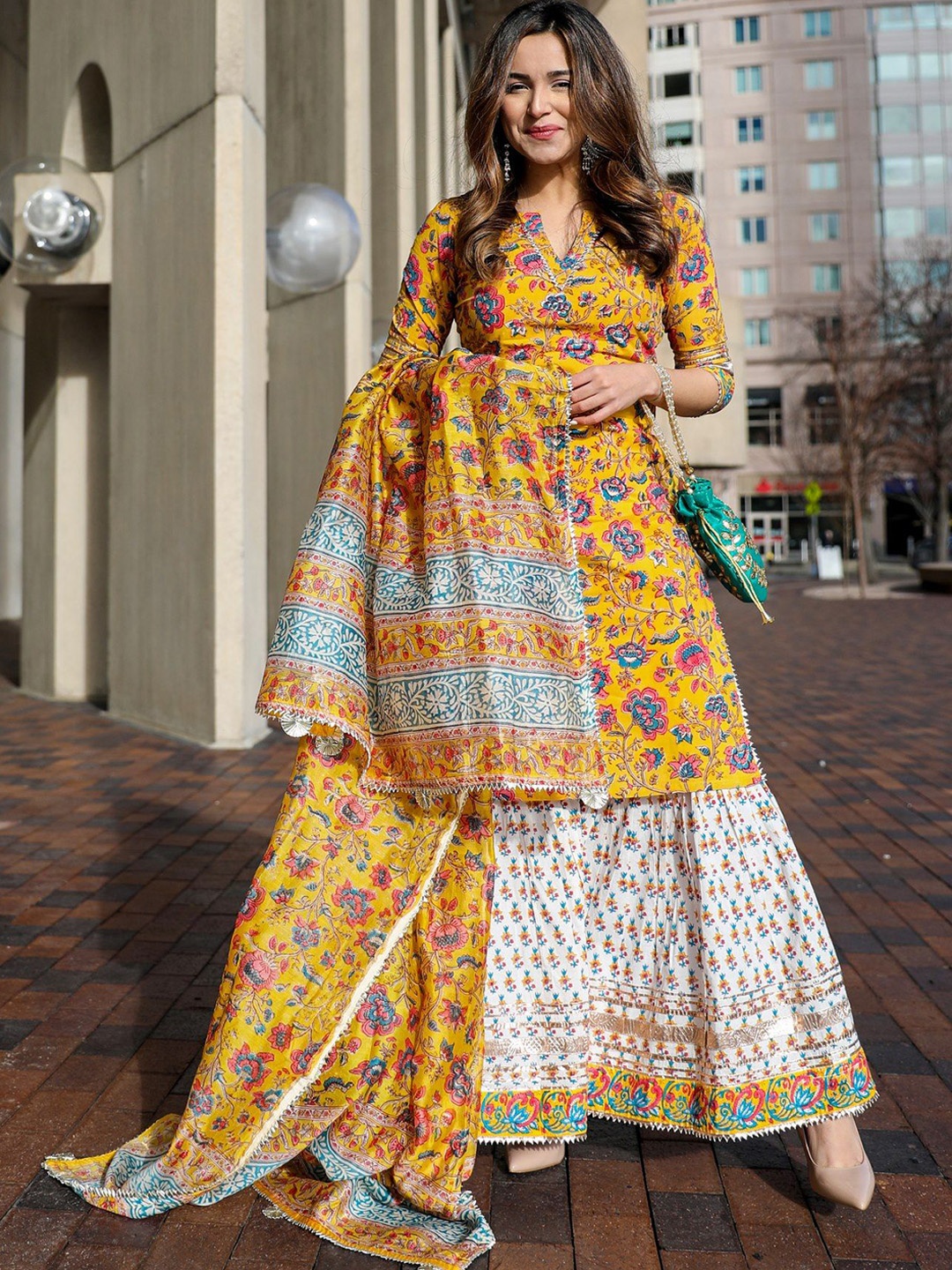 GEKHA Floral Printed Gotta Patti Pure Cotton Straight Kurta With Sharara & Dupatta, Yellow
GEKHA Floral Printed Gotta Patti Pure Cotton Straight Kurta With Sharara & Dupatta, Yellow