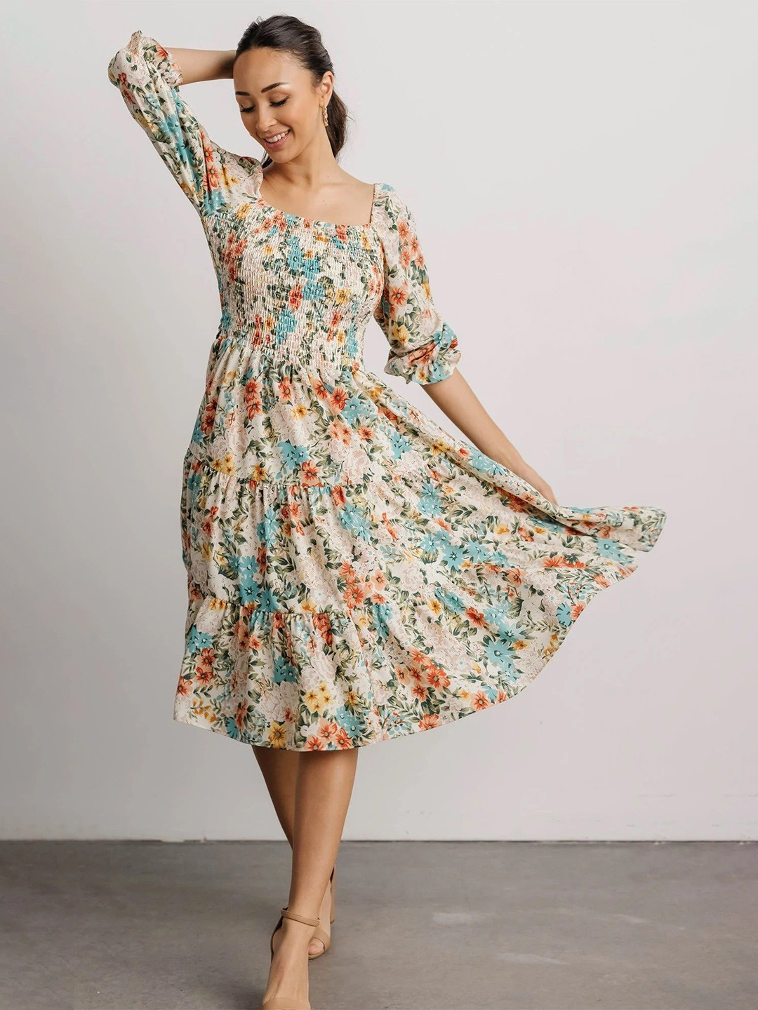 BAESD Women Floral Printed Square Neck Bell Sleeve Smoked Fit & Flare Midi Dress, Cream
BAESD Women Floral Printed Square Neck Bell Sleeve Smoked Fit & Flare Midi Dress, Cream
