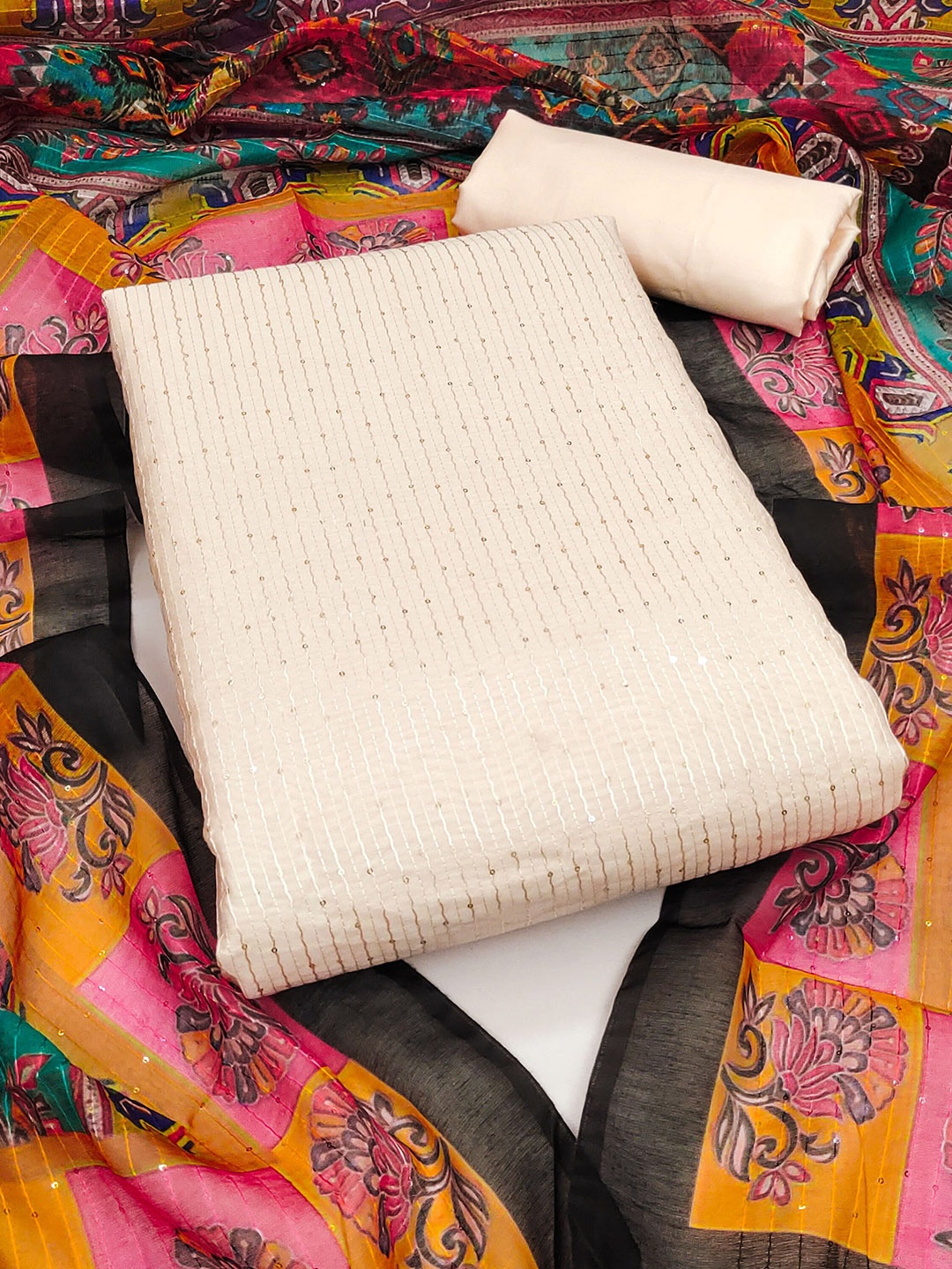 Maroosh Striped Embroidered Sequinned Chanderi Cotton Unstitched Dress Material, White
Maroosh Striped Embroidered Sequinned Chanderi Cotton Unstitched Dress Material, White