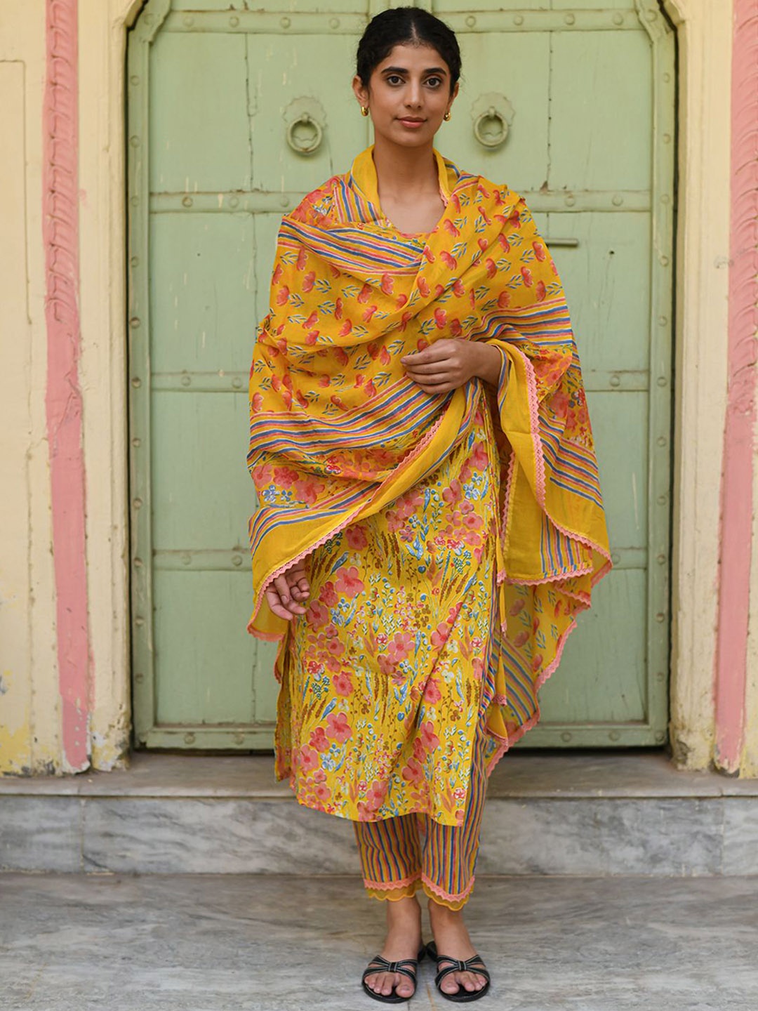 Rangeelo Floral Printed Pure Cotton Angrakha Straight Kurta With Trousers & Dupatta, Yellow
Rangeelo Floral Printed Pure Cotton Angrakha Straight Kurta With Trousers & Dupatta, Yellow