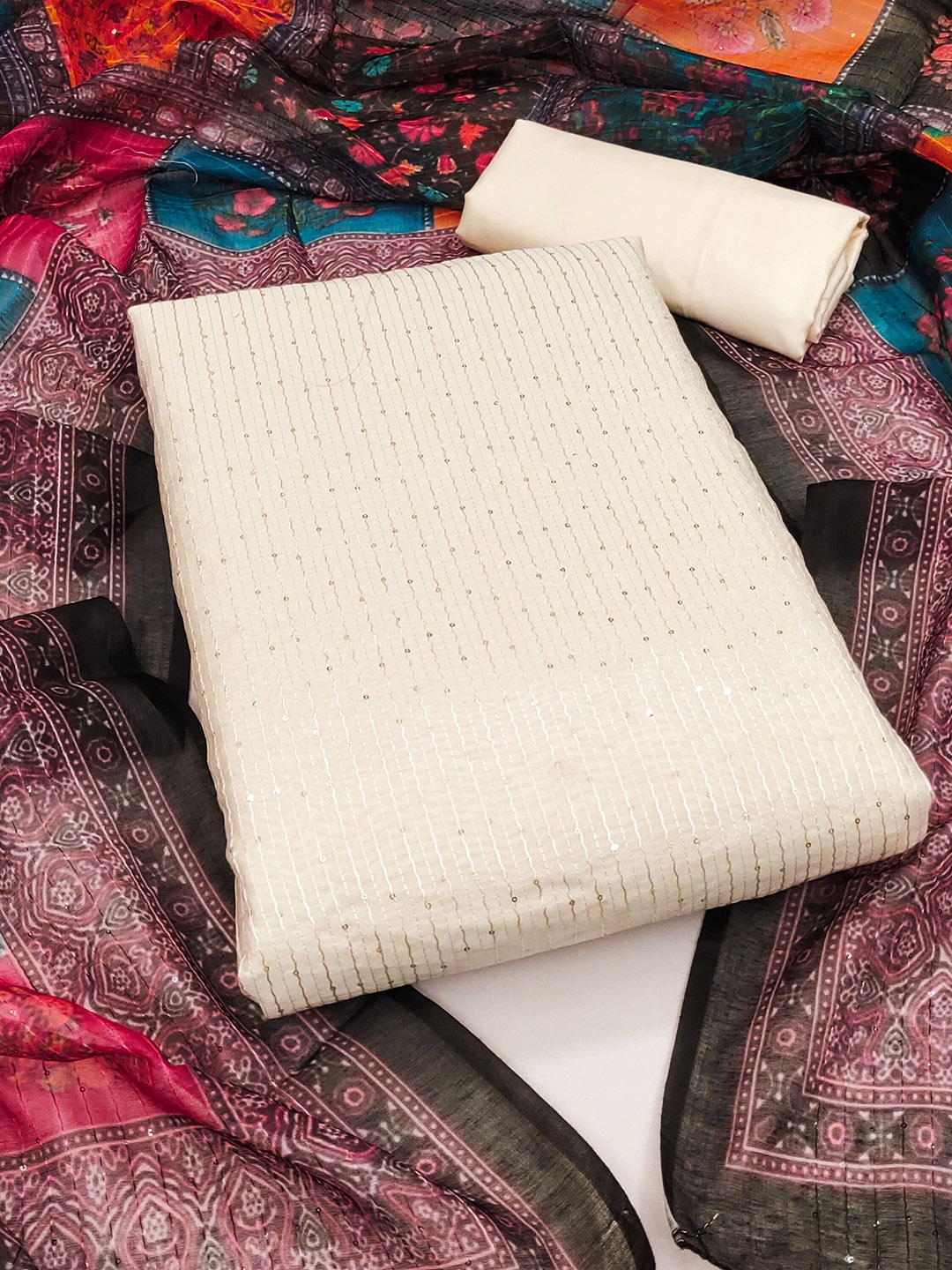 Maroosh Striped Embroidered Sequined Chanderi Cotton Unstitched Dress Material, White
Maroosh Striped Embroidered Sequined Chanderi Cotton Unstitched Dress Material, White