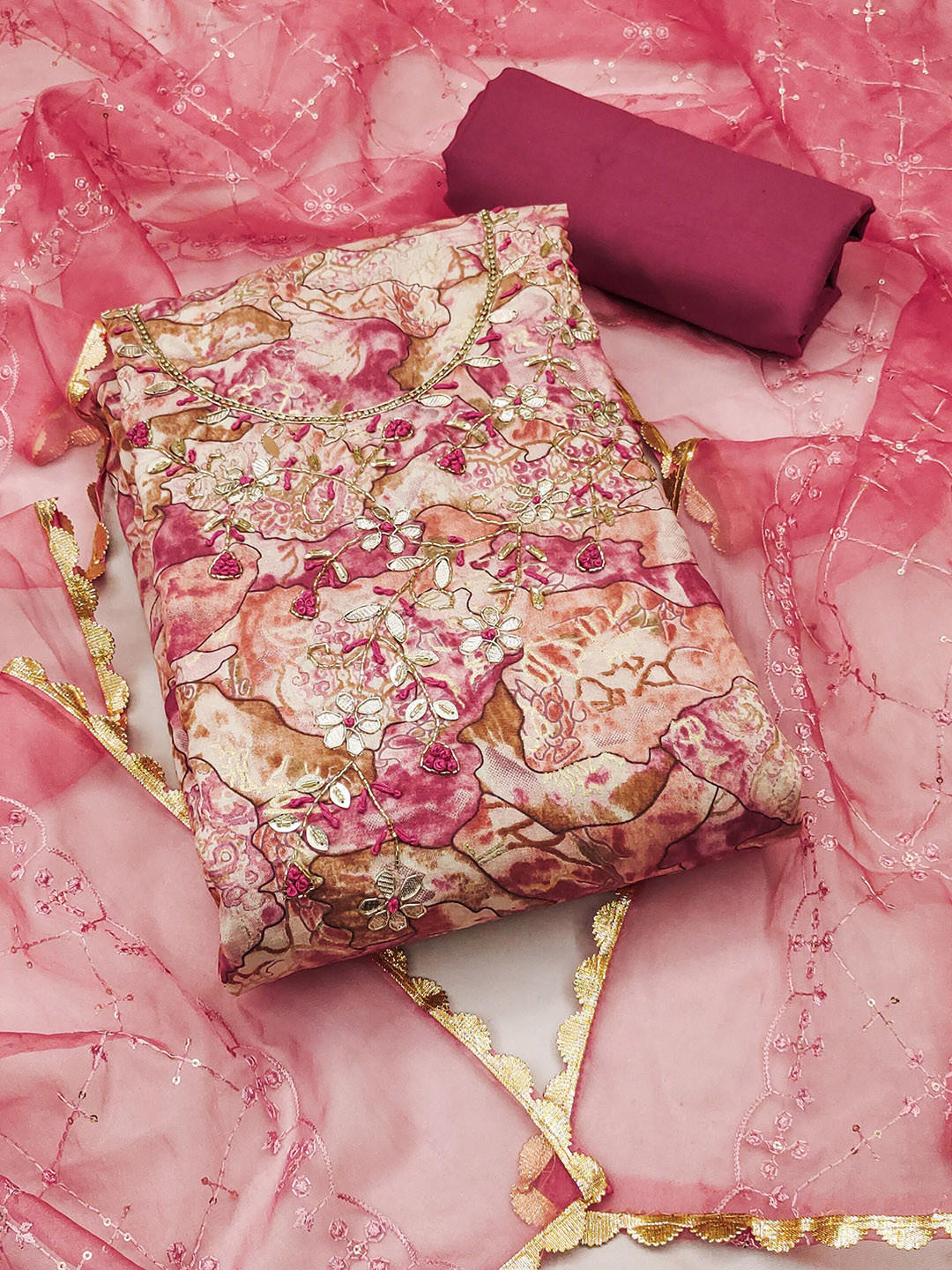 KALINI Printed Beads & Stones Unstitched Dress Material, Pink 
KALINI Printed Beads & Stones Unstitched Dress Material, Pink