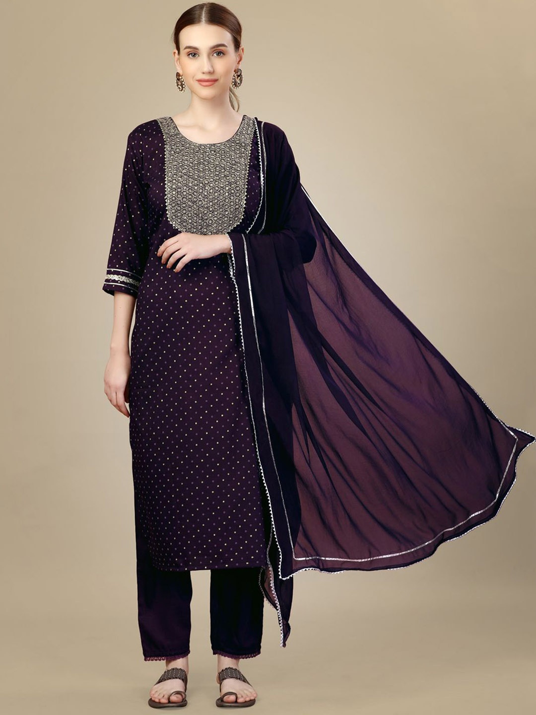 Rujave Women Ethnic Motifs Printed Regular Sequinned Kurta with Trousers & With Dupatta, Purple
Rujave Women Ethnic Motifs Printed Regular Sequinned Kurta with Trousers & With Dupatta, Purple
